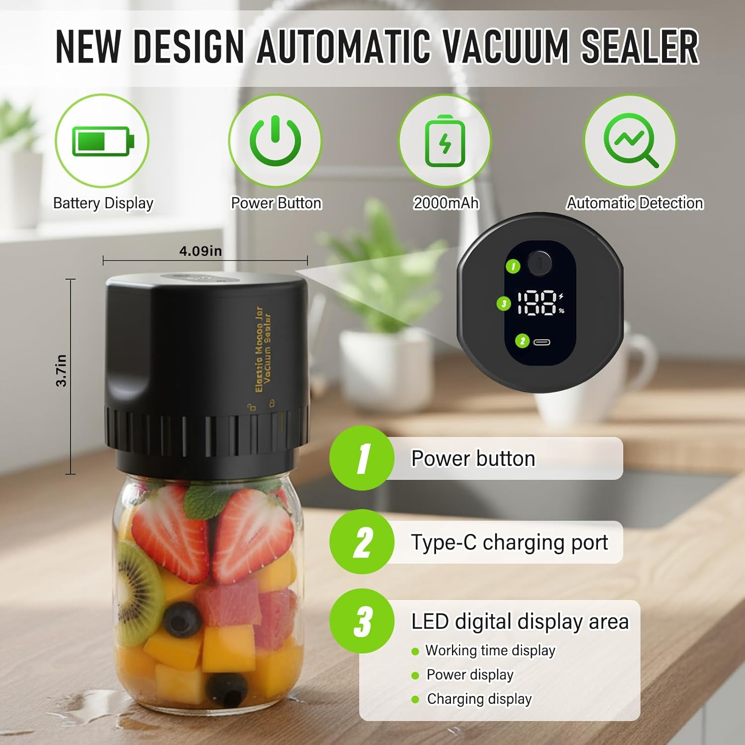 Automatischer Vakuumierer mit Obst im Glas. Zeigt Batterie, Strom, 2000mAh, automatische Erkennung.