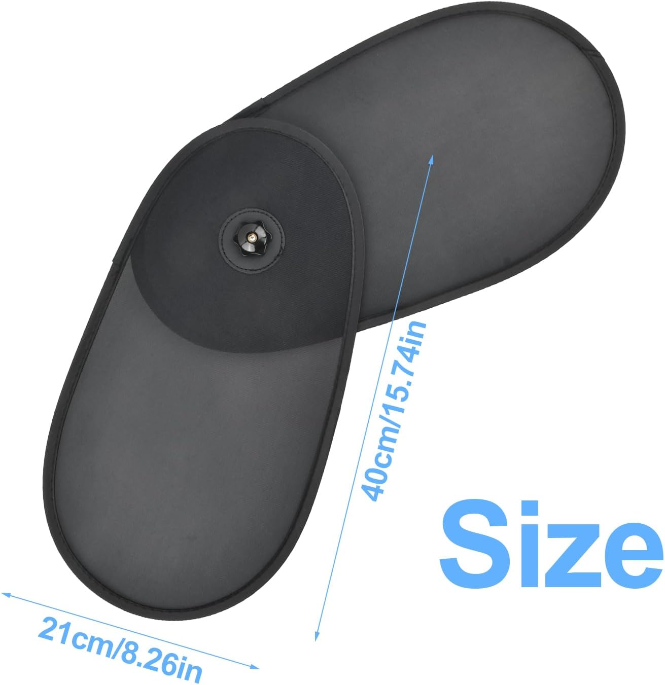 Zwei schwarze ovale Sonnenschutzblenden mit Größenangaben 21cm und 40cm.