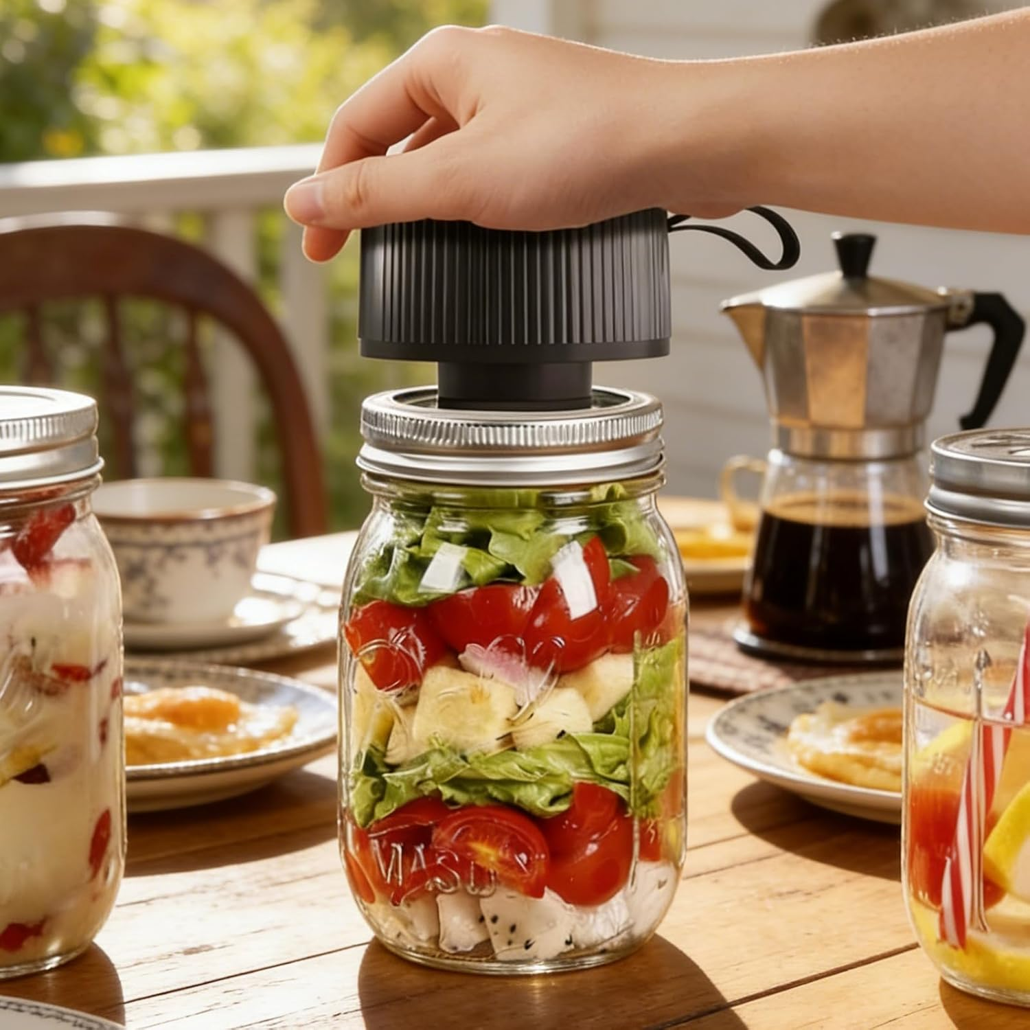 Hand schließt ein Salatglas. Gläser mit Salat, Obst und Getränk auf einem Tisch.