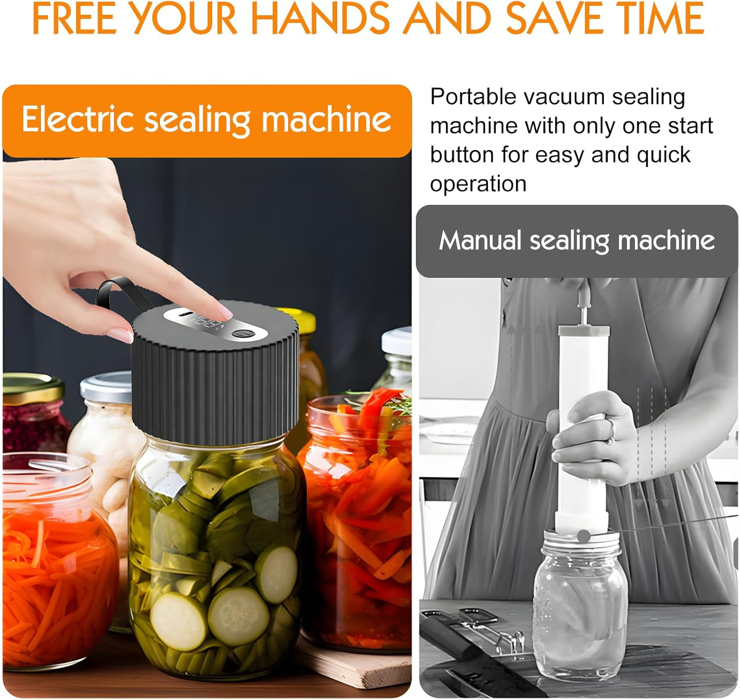 Elektrische und manuelle Vakuumiergeräte. Gläser mit eingelegtem Essen. Hände frei.