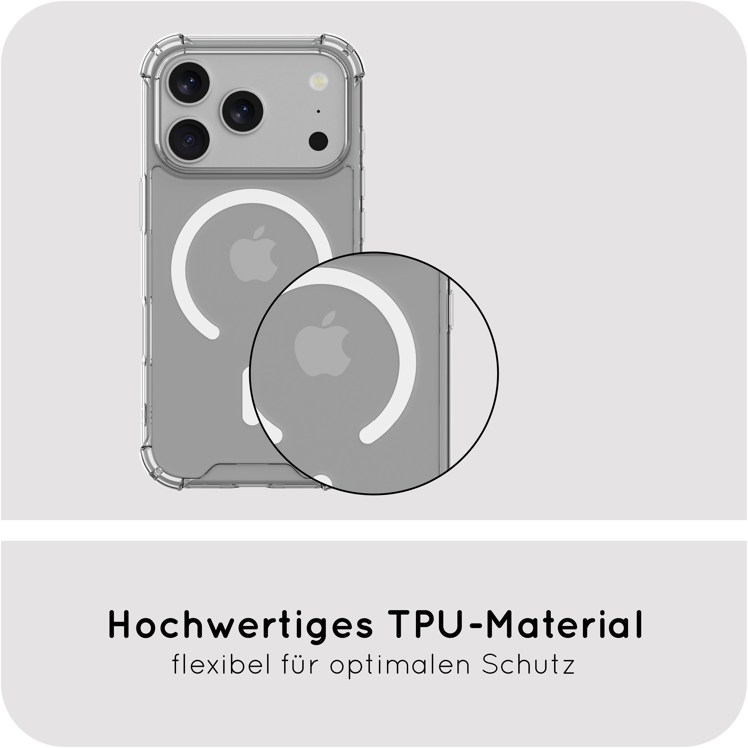 Custodia trasparente per telefono con fotocamera e dettaglio logo Apple.