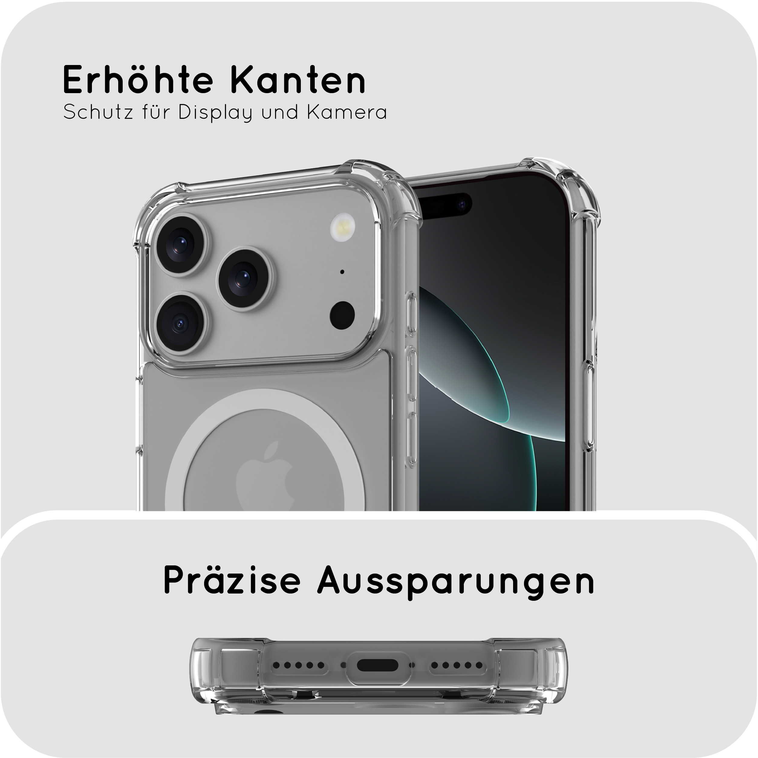 Una cover trasparente per telefono con bordi rialzati protegge fotocamera e display.