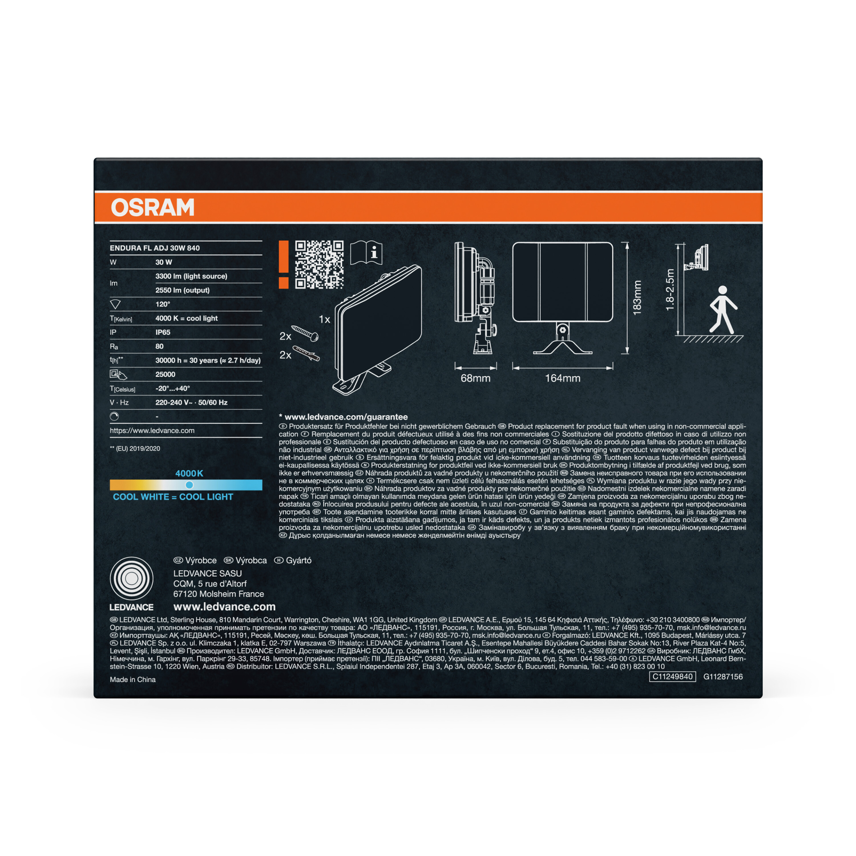 OSRAM-Datenblatt: 30W LED-Fluter, 4000K, IP65, 3300lm, Maße, Montage.