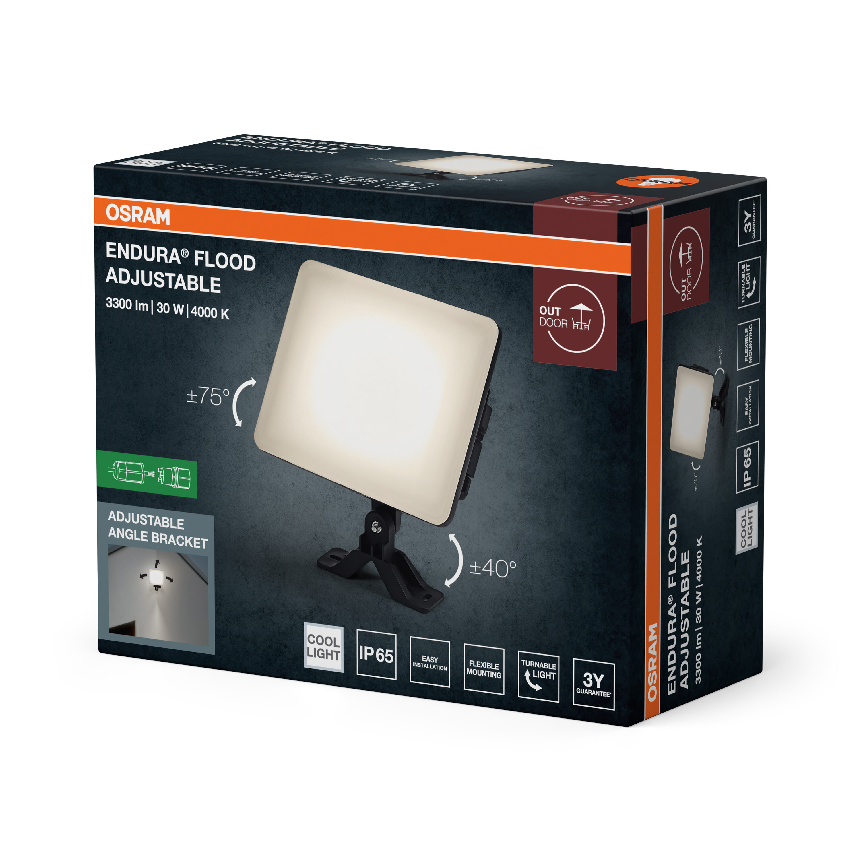 Osram Endura Flood verstellbare Leuchte mit 3300 lm, 30 W, 4000 K auf Verpackung.