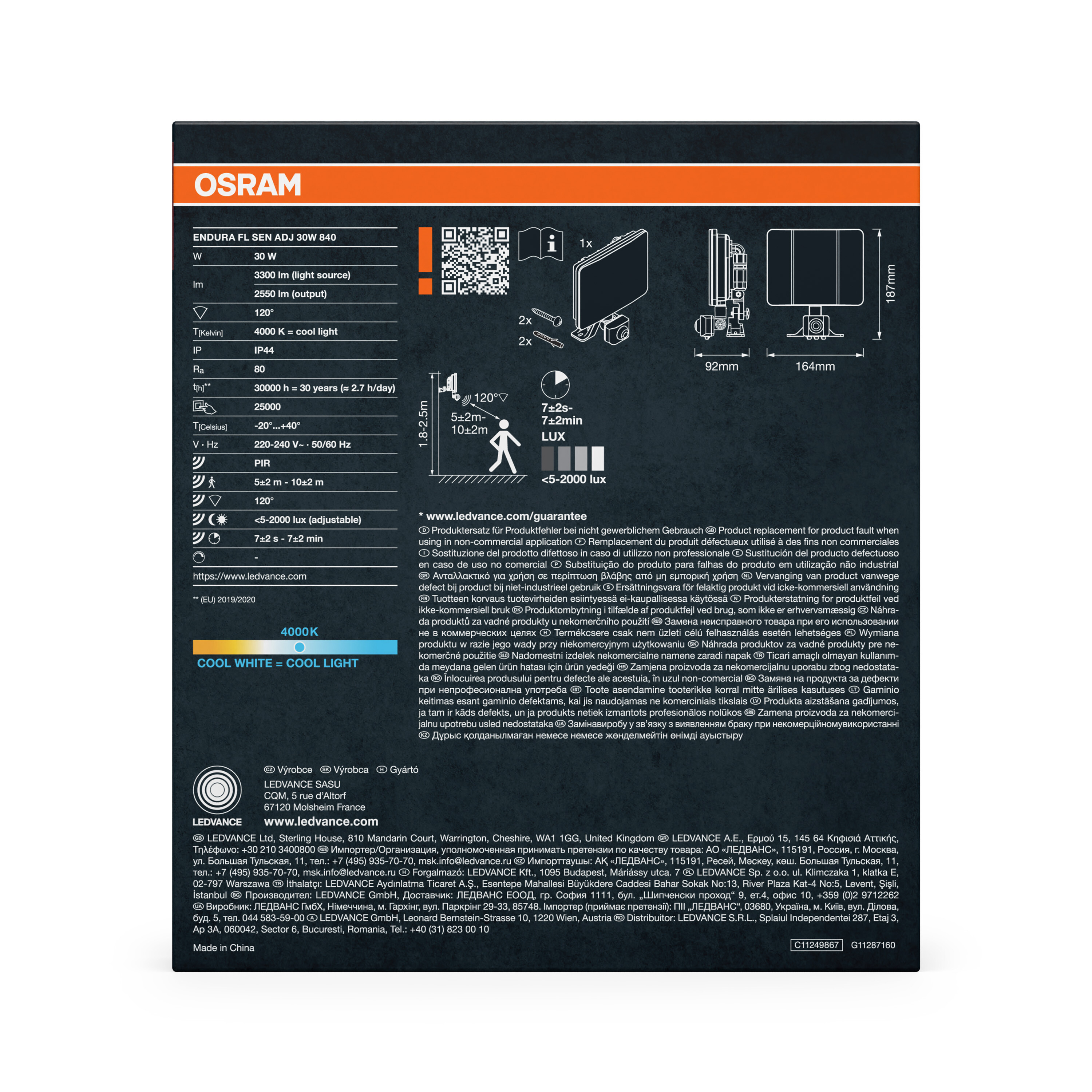 Osram Endura Fl Sen Adj 30W 840: 30W, 3300lm, 4000K, IP44, 120° Erfassungswinkel.