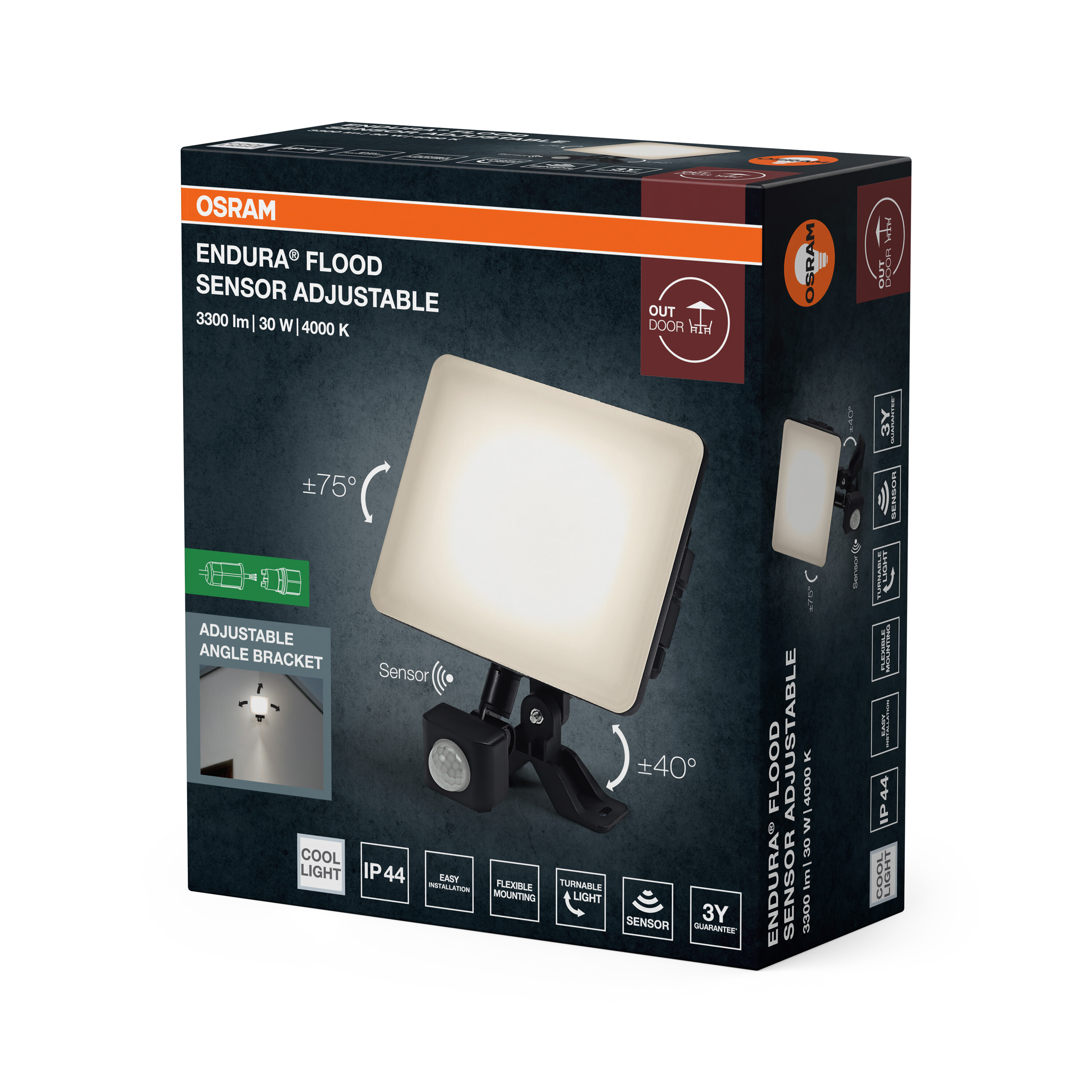 Verpackung eines Osram LED-Flutlichts mit Sensor, verstellbar.