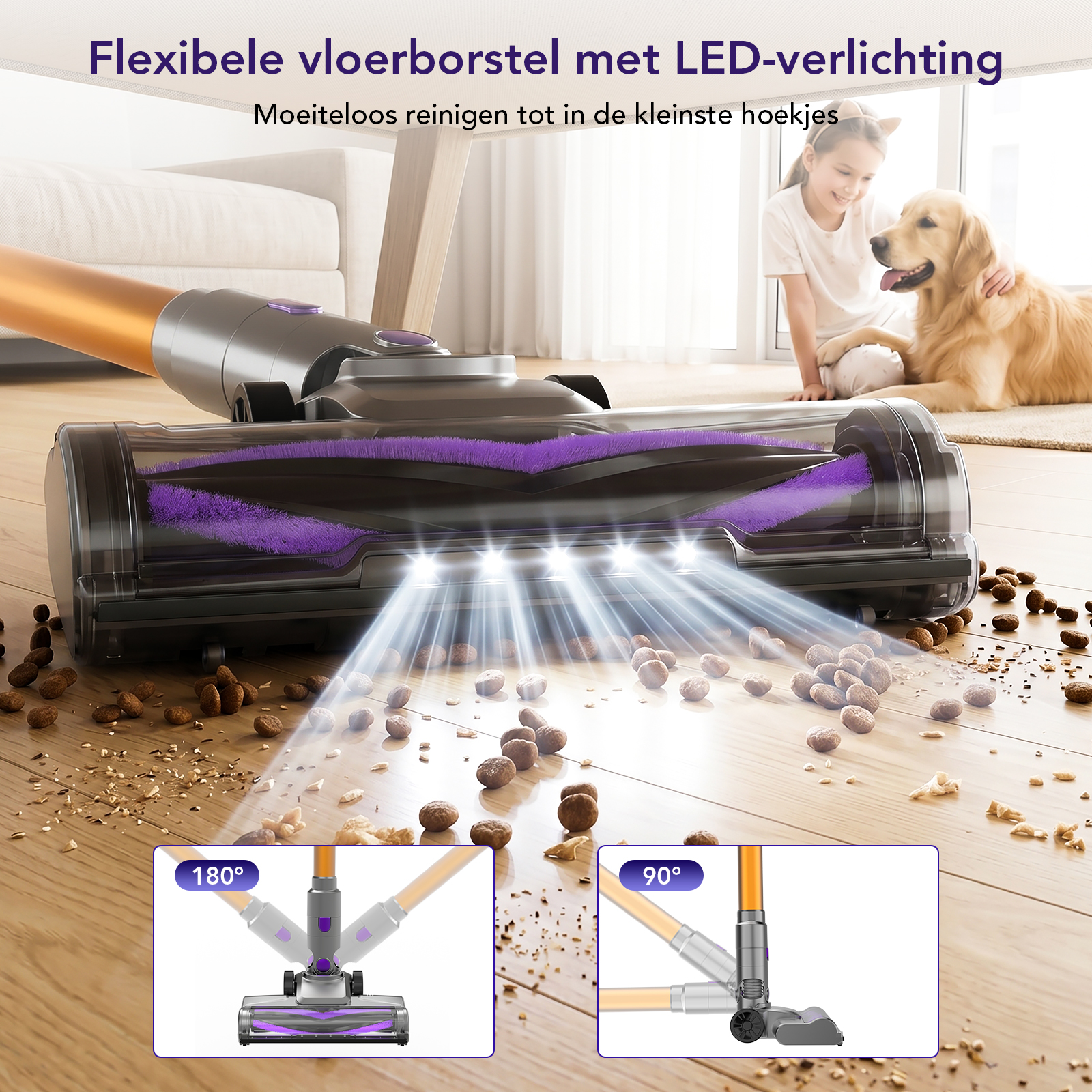 Vloerborstel met LED-verlichting reinigt huisdiervoer op hout.