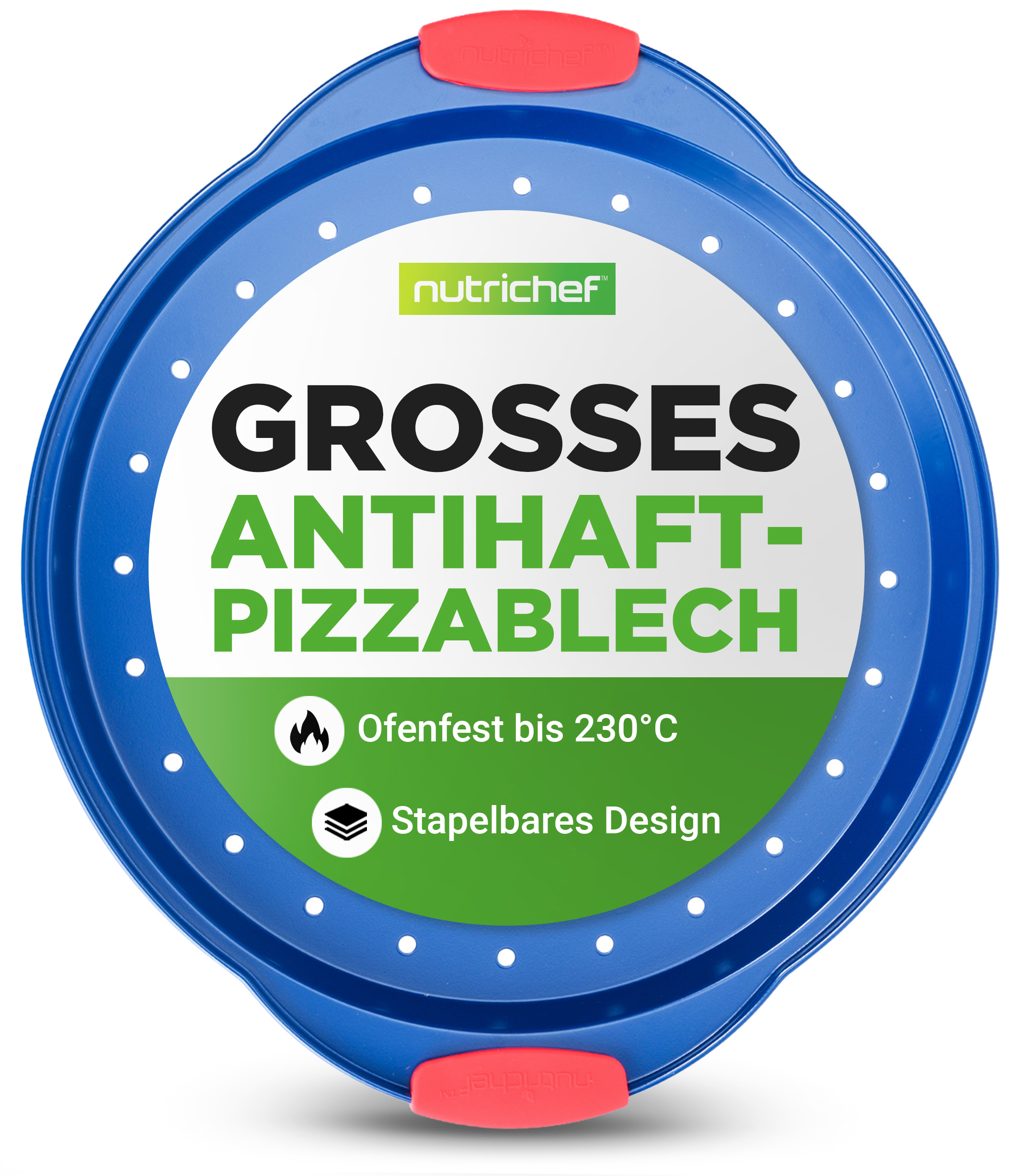 Ein blaues Pizzablech mit roten Griffen, beschriftet mit "Nutrichef".