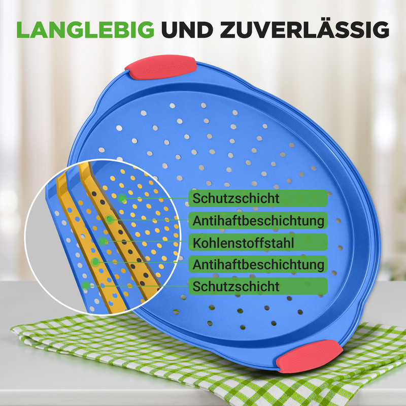 Blaue Backform mit roten Griffen und Lüftungslöchern, Detailansicht zeigt Schichten.