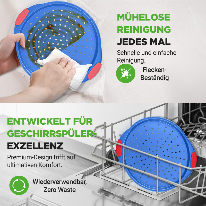 Blaue Sieb mit roten Griffen wird gereinigt und in Spülmaschine gestellt.