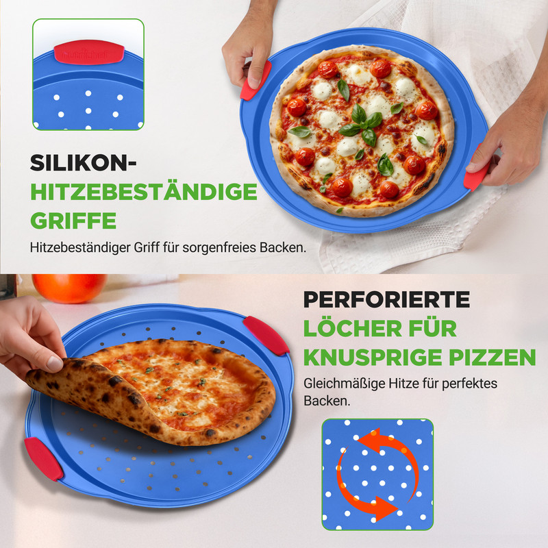 Blaue Pizzapfanne mit Griffen, mit und ohne Pizza, mit Text.