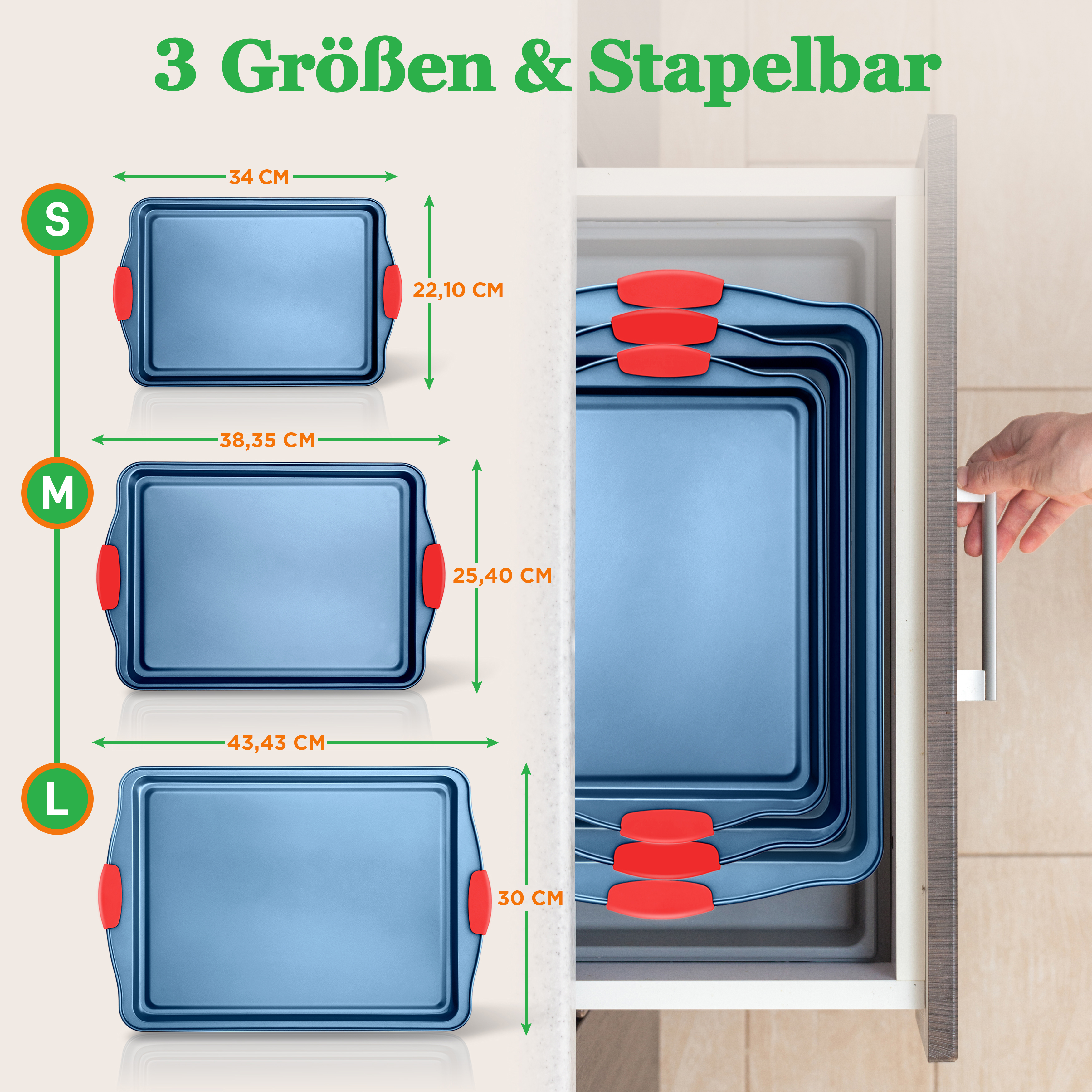 Drei stapelbare Backformen in verschiedenen Größen: S, M, L.