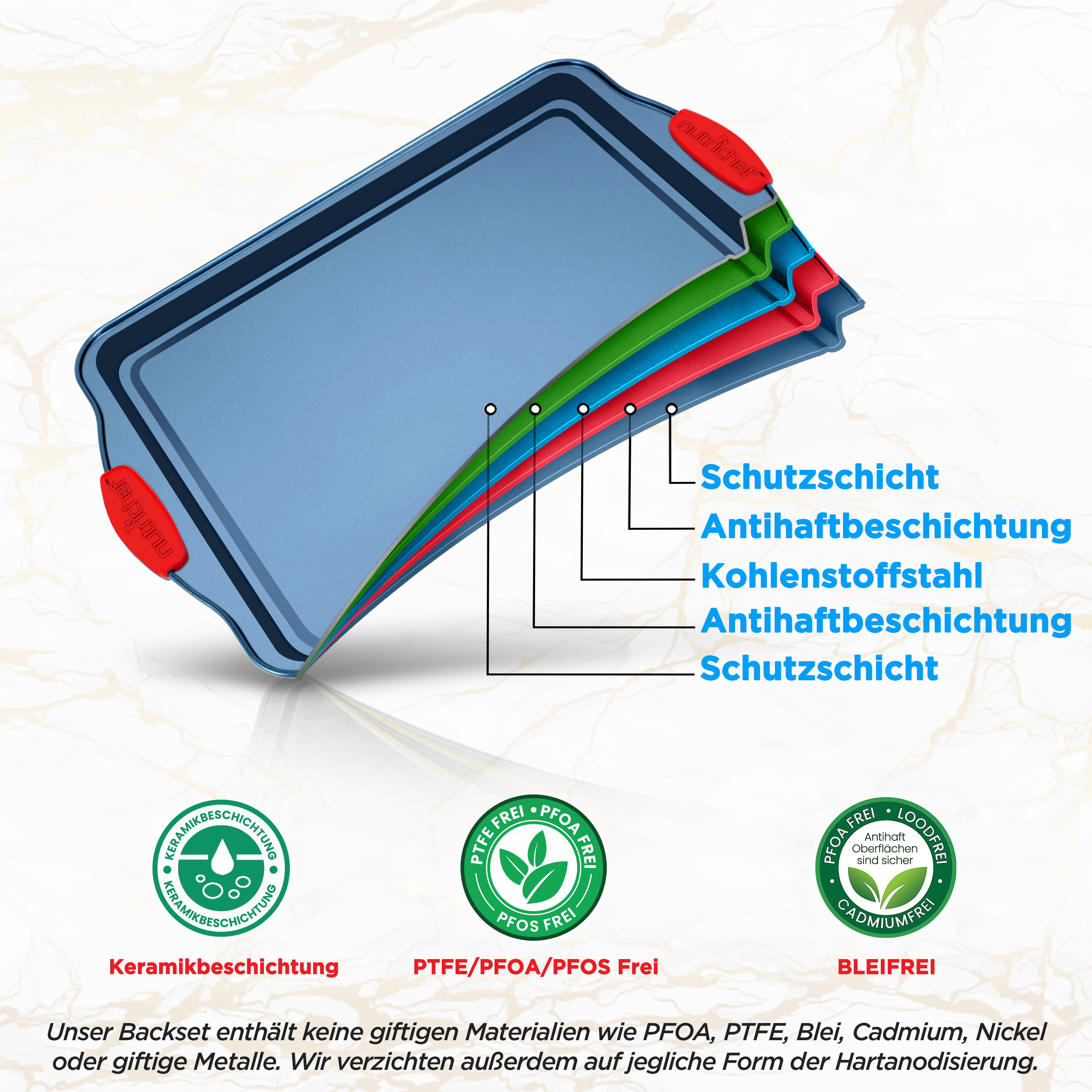 Ein blaues Backblech mit roten Griffen, das Schichten zeigt.