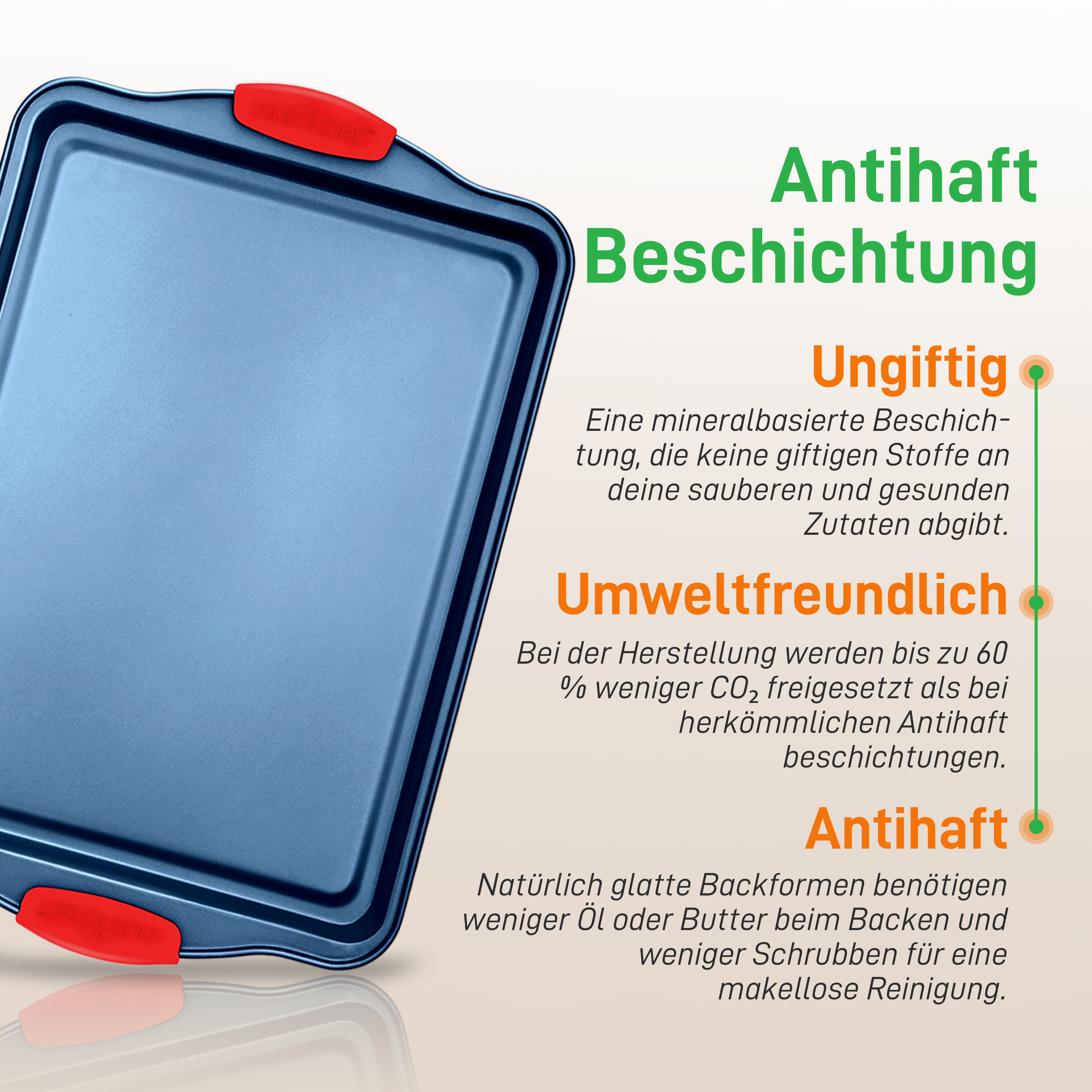 Eine blaue Backform mit roten Griffen und Text über die Beschichtung.