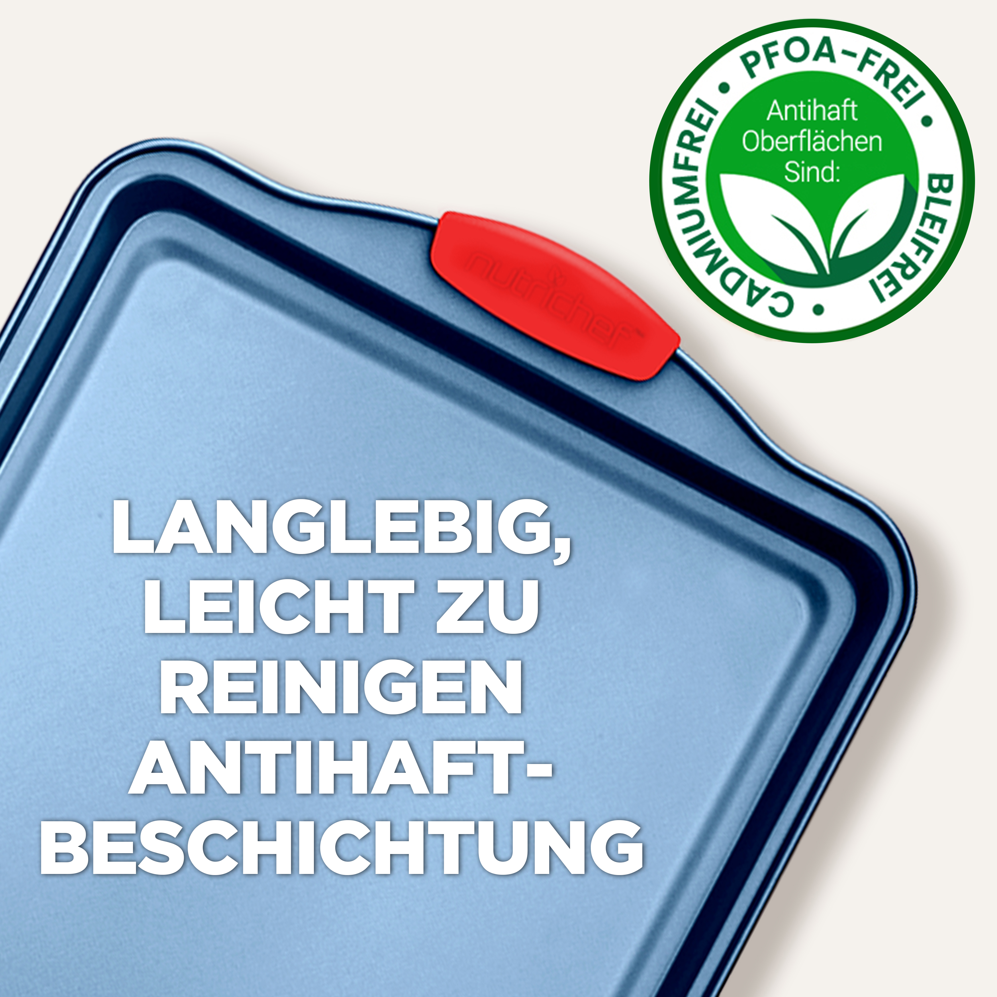 Blaue Backform mit rotem Griff und PFOA-freiem Siegel. Langlebig, leicht zu reinigen.