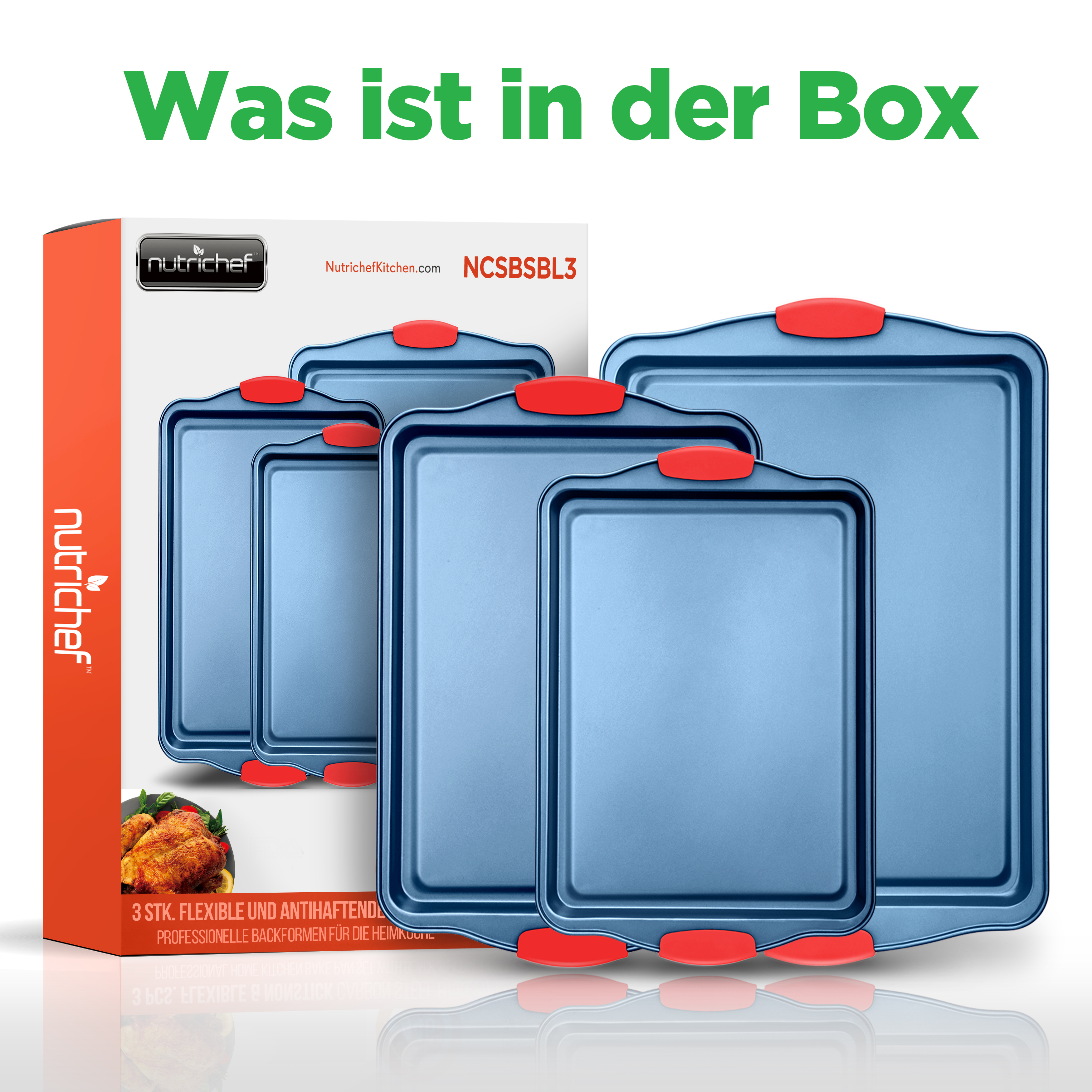 Blaue Backbleche mit roten Griffen und Nutrichef-Verpackung.