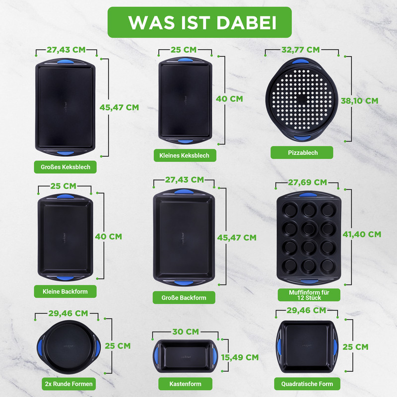 Mehrere Backformen und ein Pizzablech mit Maßen und Beschriftungen.