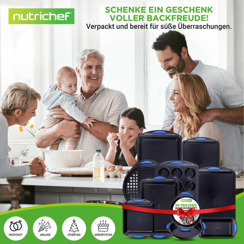 Eine Familie feiert mit Backutensilien von Nutrichef. Ideal für Geschenke.