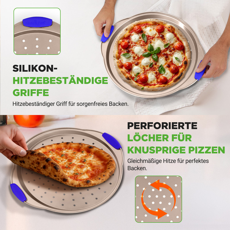 Ein Pizzablech mit Silikongriffen und einer fertigen Pizza. Unten: Pizzablech mit Löchern und einer Pizza.