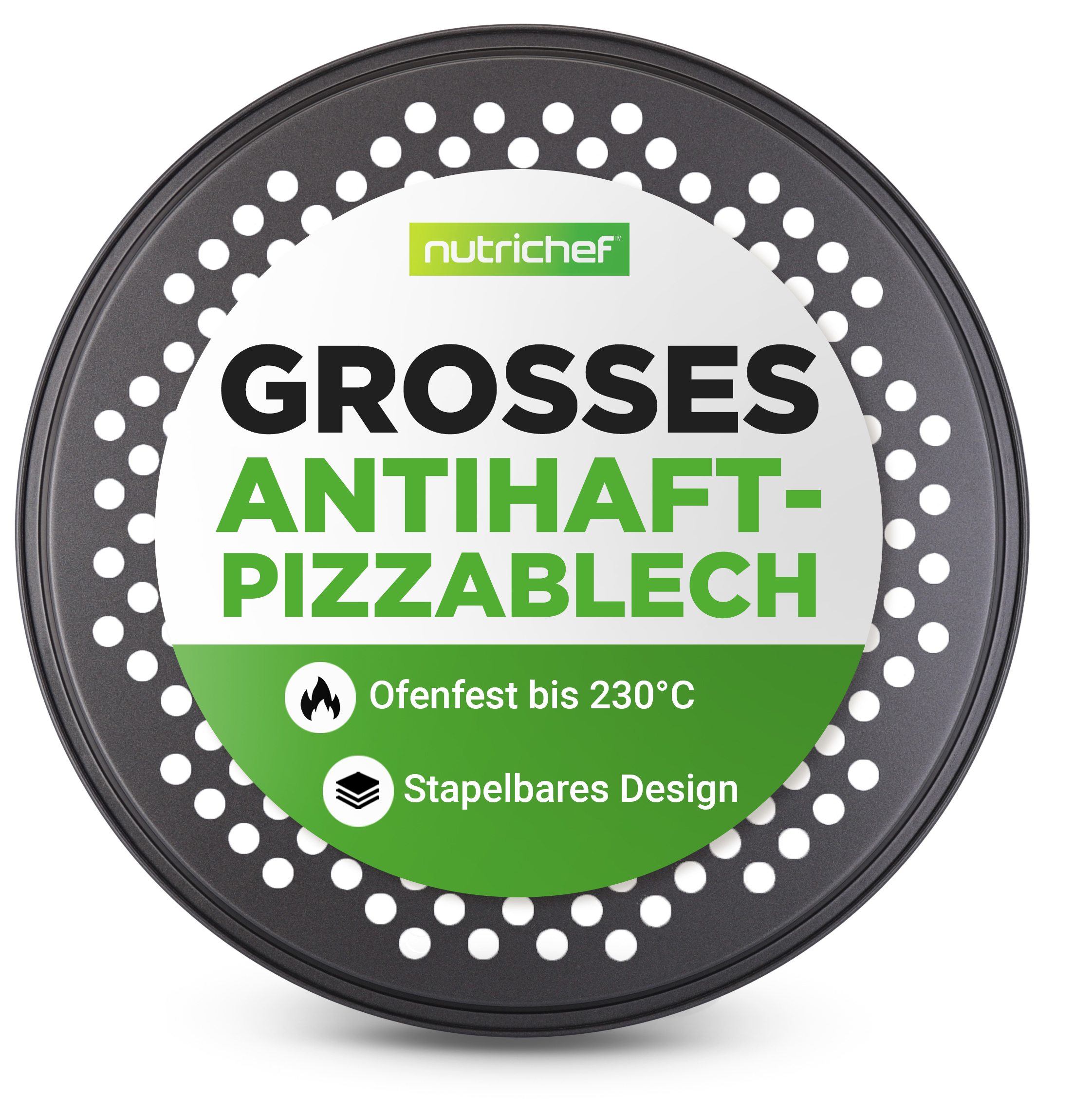 Großes, antihaftbeschichtetes Pizzablech von Nutrichef, ofenfest bis 230°C.