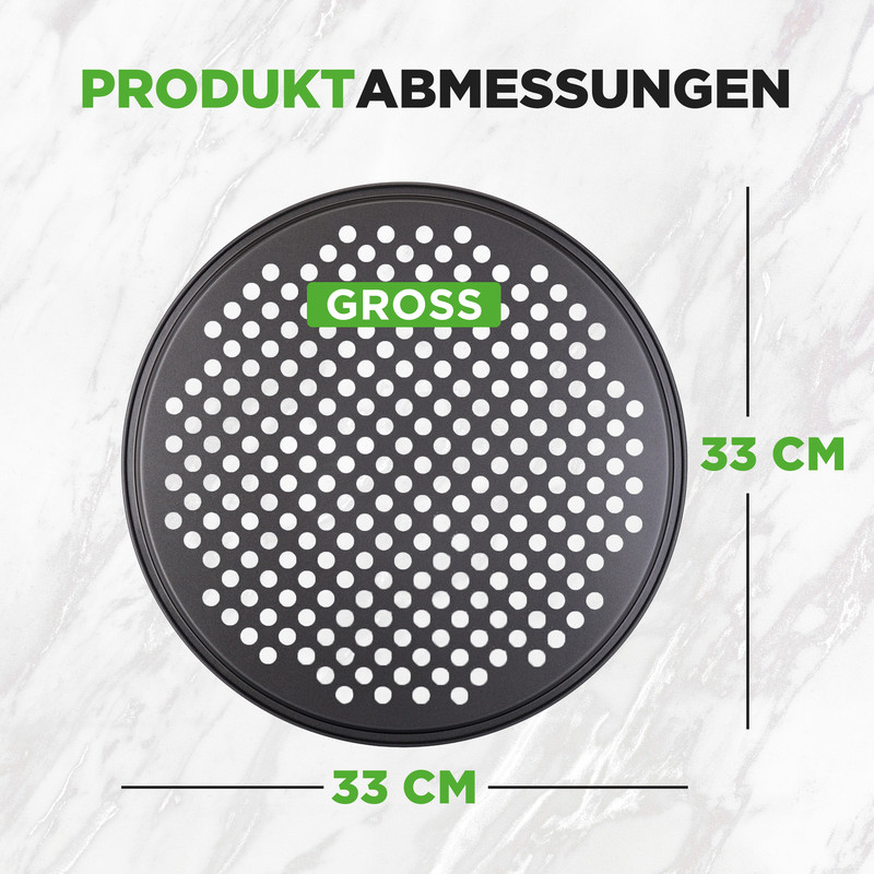 Eine runde, perforierte Backform mit 33 cm Durchmesser.