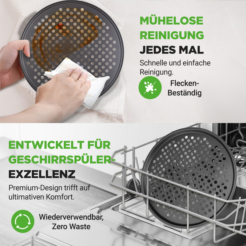Runde Pizzapfanne wird gereinigt und in Spülmaschine platziert.