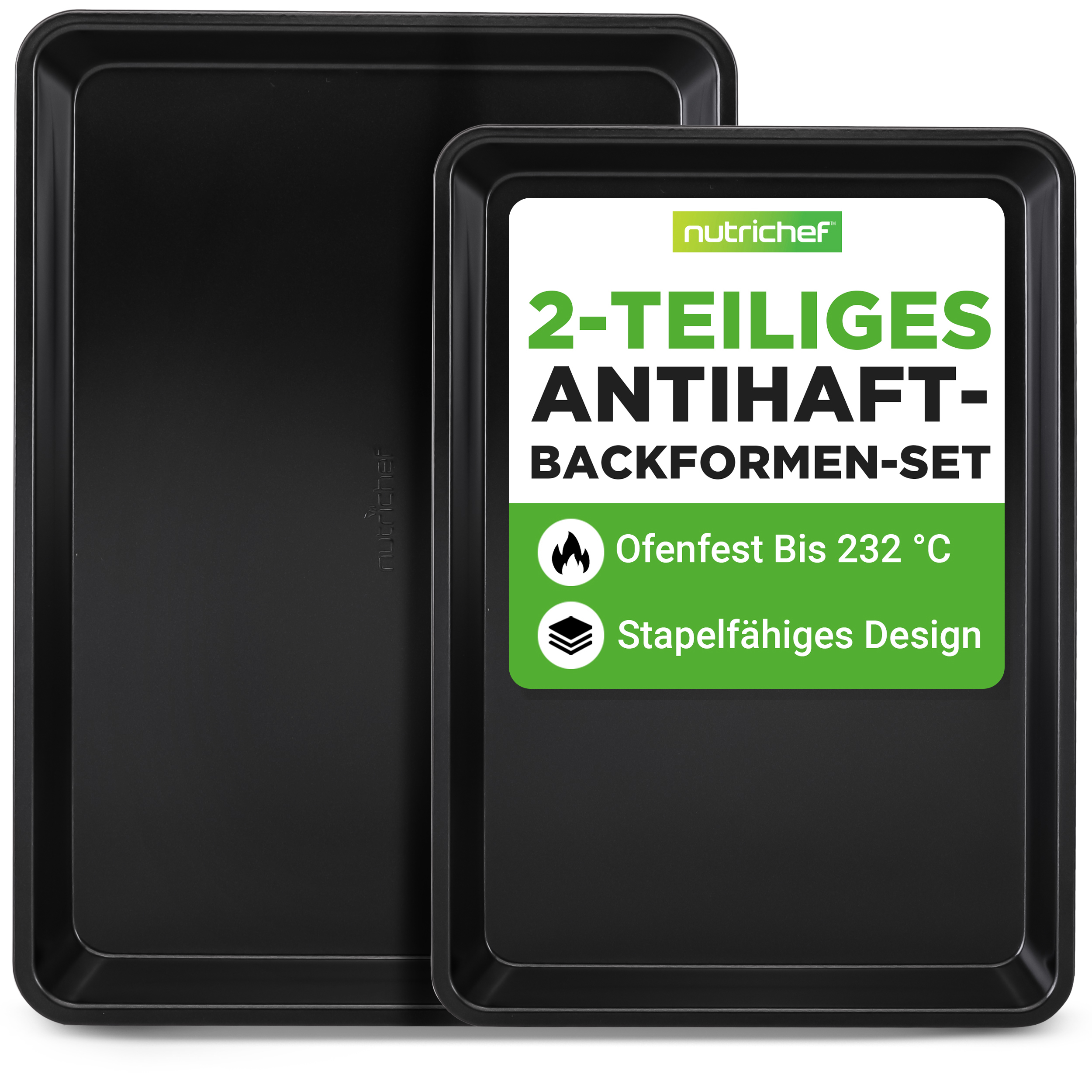 Zwei schwarze Backbleche mit Beschriftung: 2-teiliges Antihaft-Backformen-Set