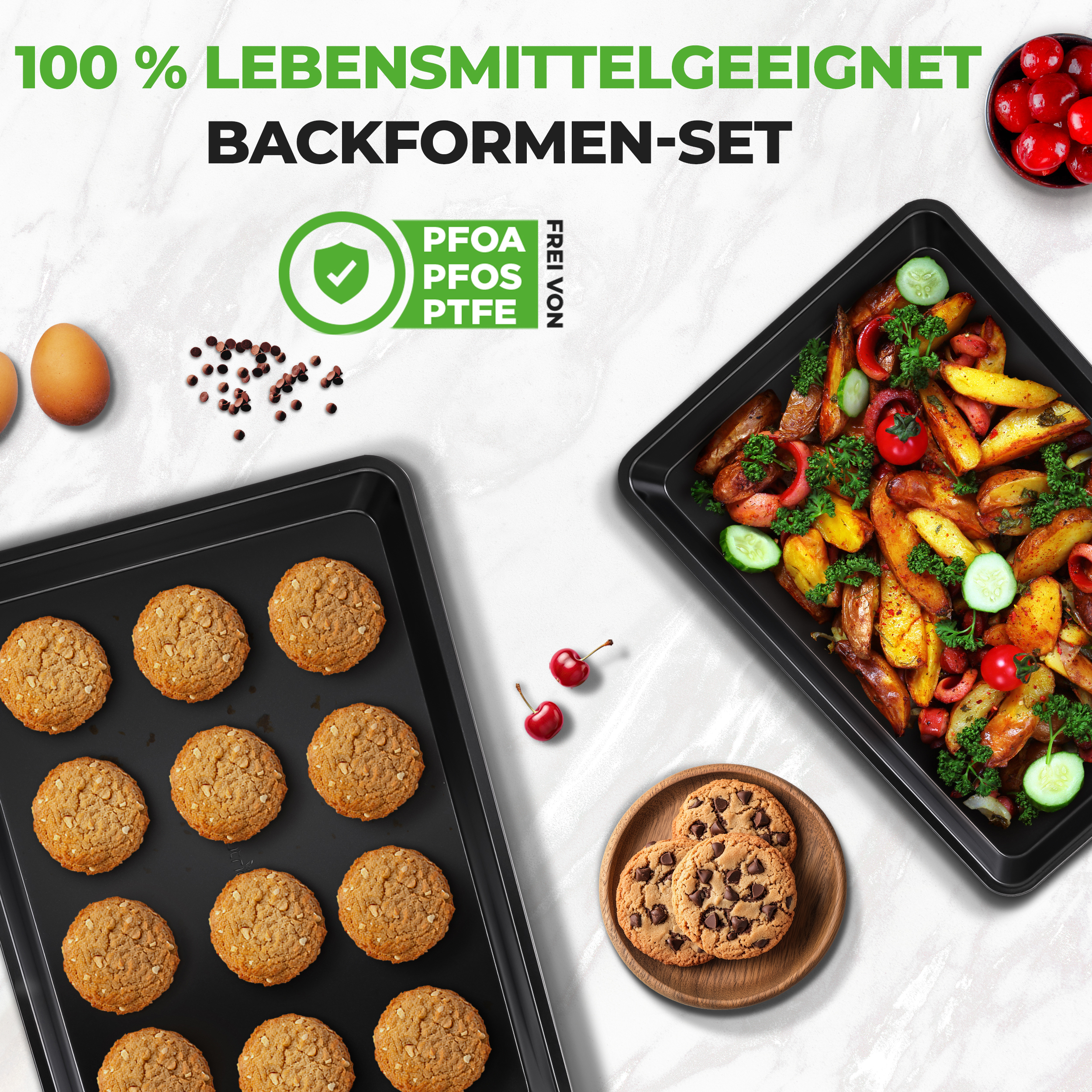 Backbleche mit Keksen und gebratenem Essen, Eiern, Kirschen und Gewürzen.