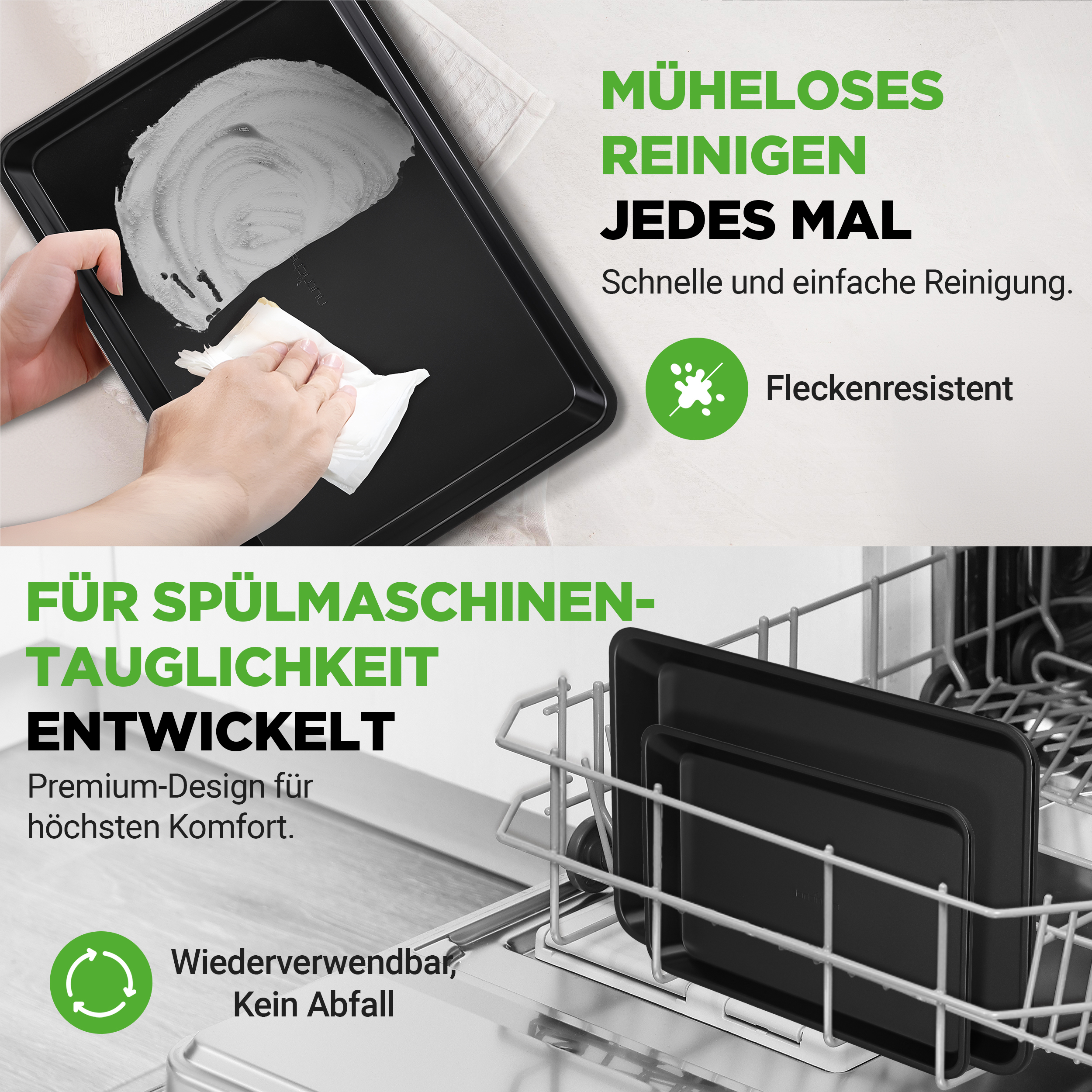 Backbleche werden gereinigt und in Spülmaschine geladen. Einfache Reinigung & spülmaschinenfest.