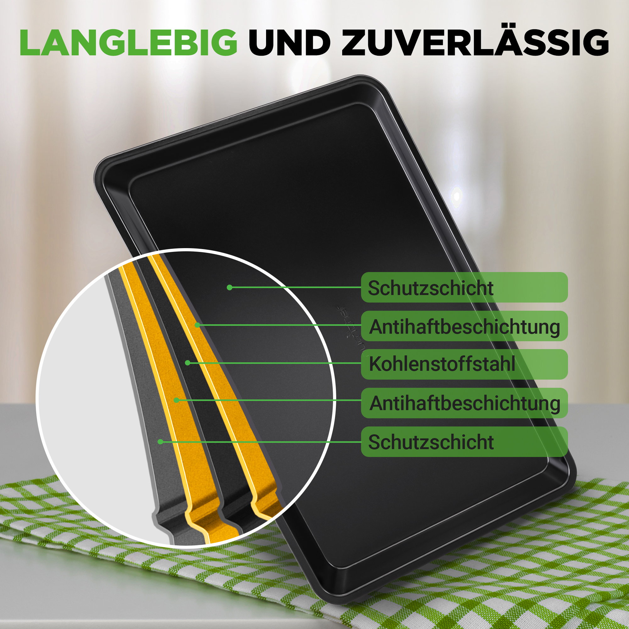 Eine schwarze Backform mit Beschriftungen und einem Detail-Zoom, der die Schichten zeigt.