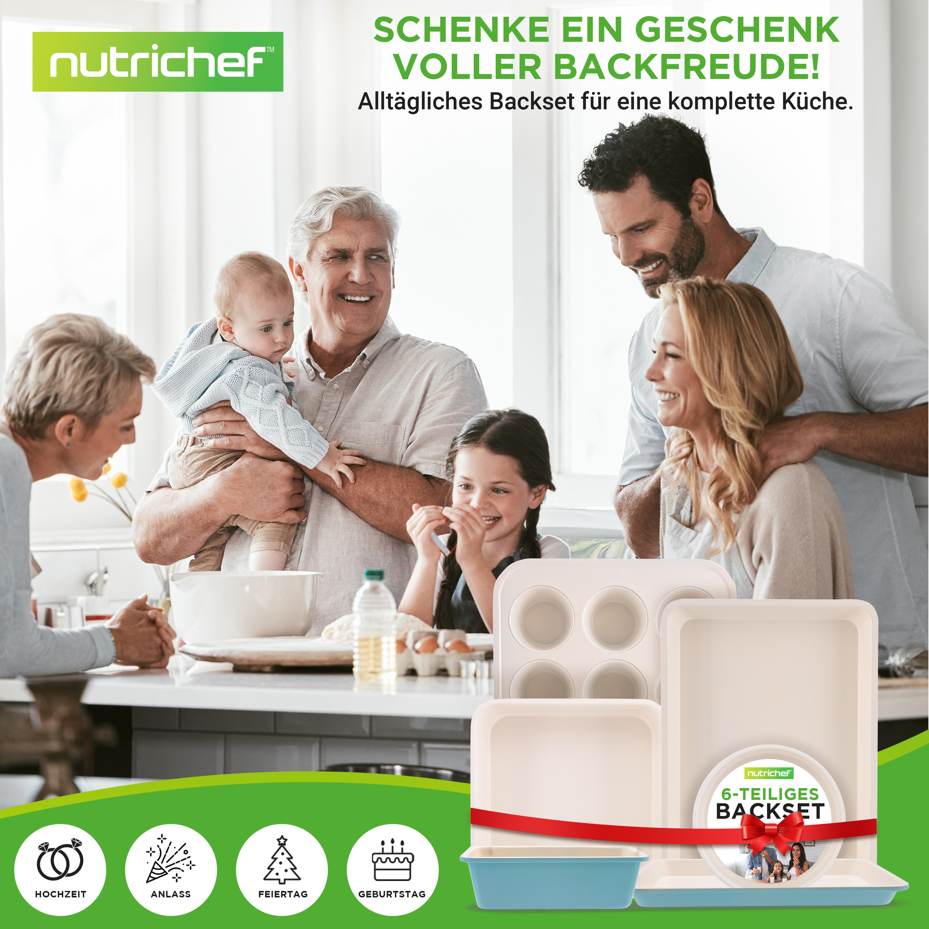 Familie feiert Backset-Geschenk. Enthält Muffinform, Auflaufform und Kastenform.