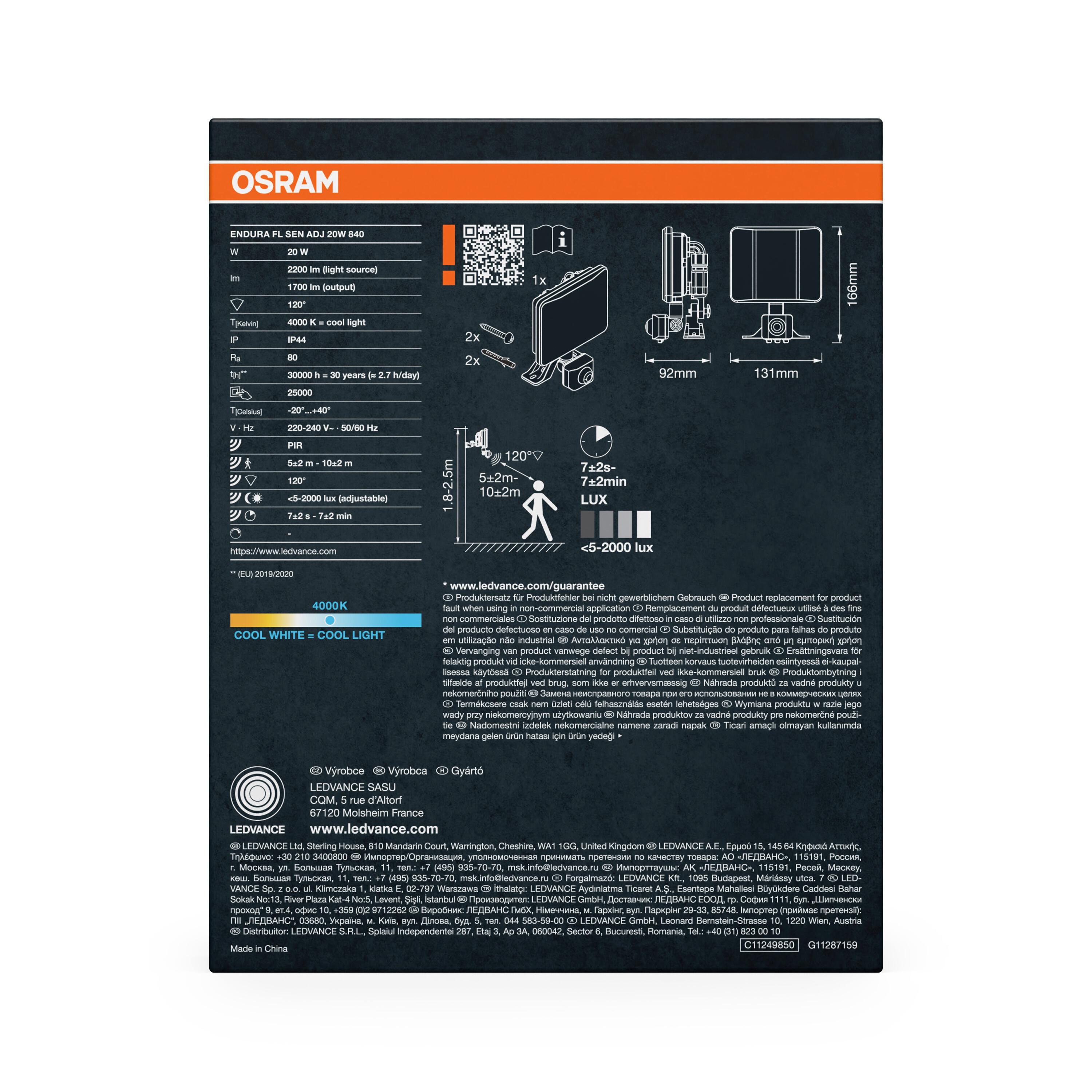 OSRAM LED-Strahler Spezifikationen: 20W, 1700lm, 120° Abstrahlwinkel, 4000K.