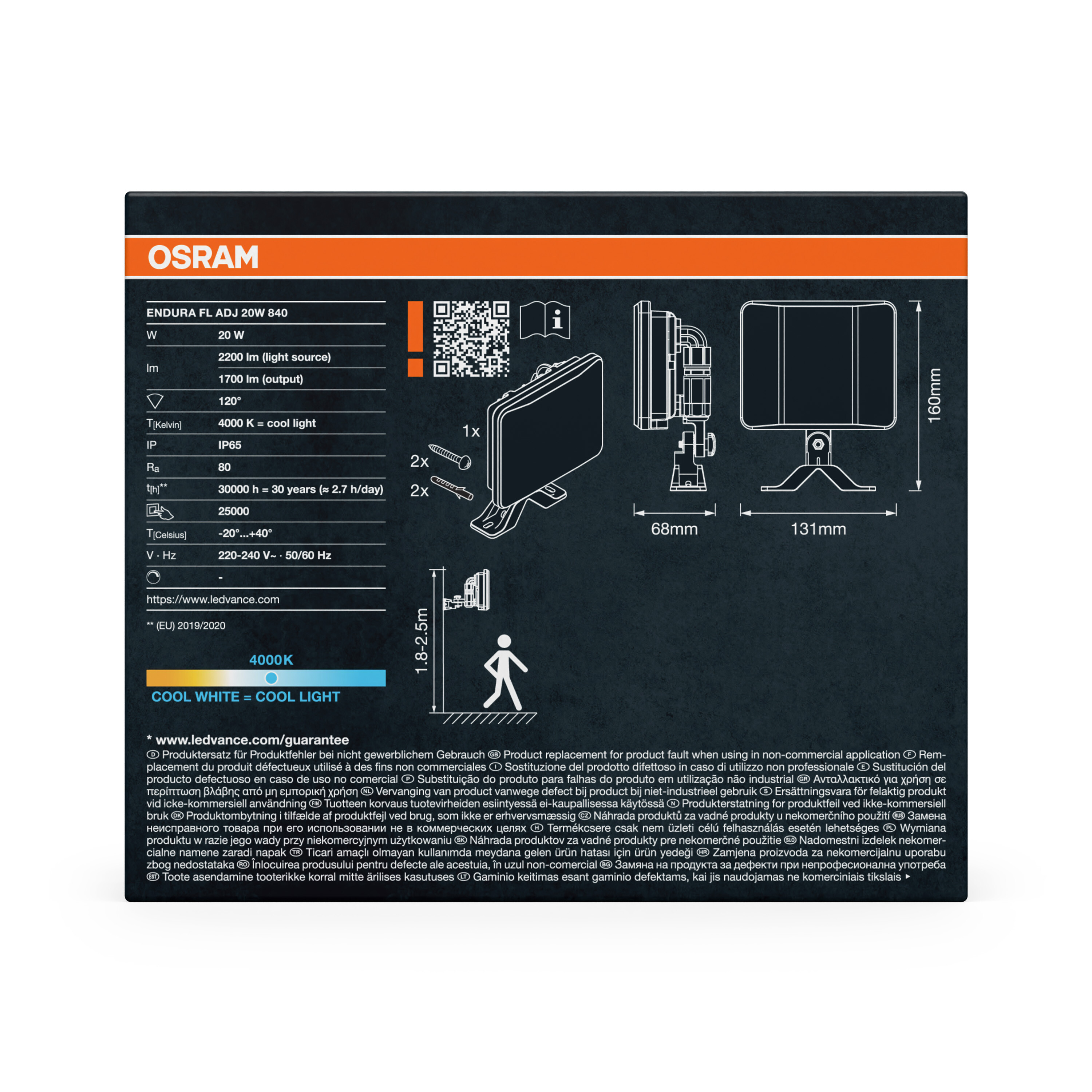 Osram Endura LED-Fluter mit Spezifikationen und Abmessungen.