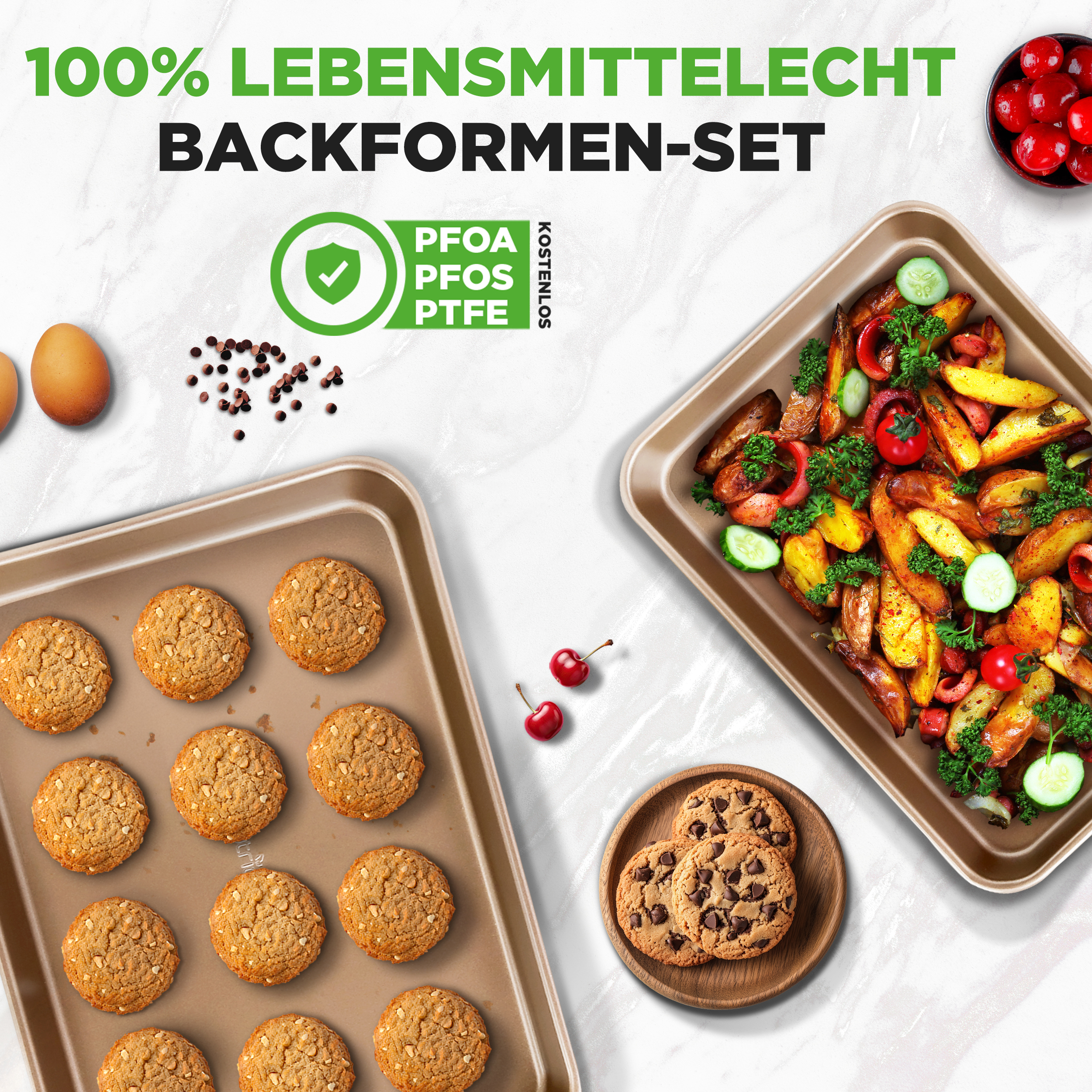 Backbleche mit Keksen und Ofengemüse, daneben Kirschen, Eier und Schokostückchen.