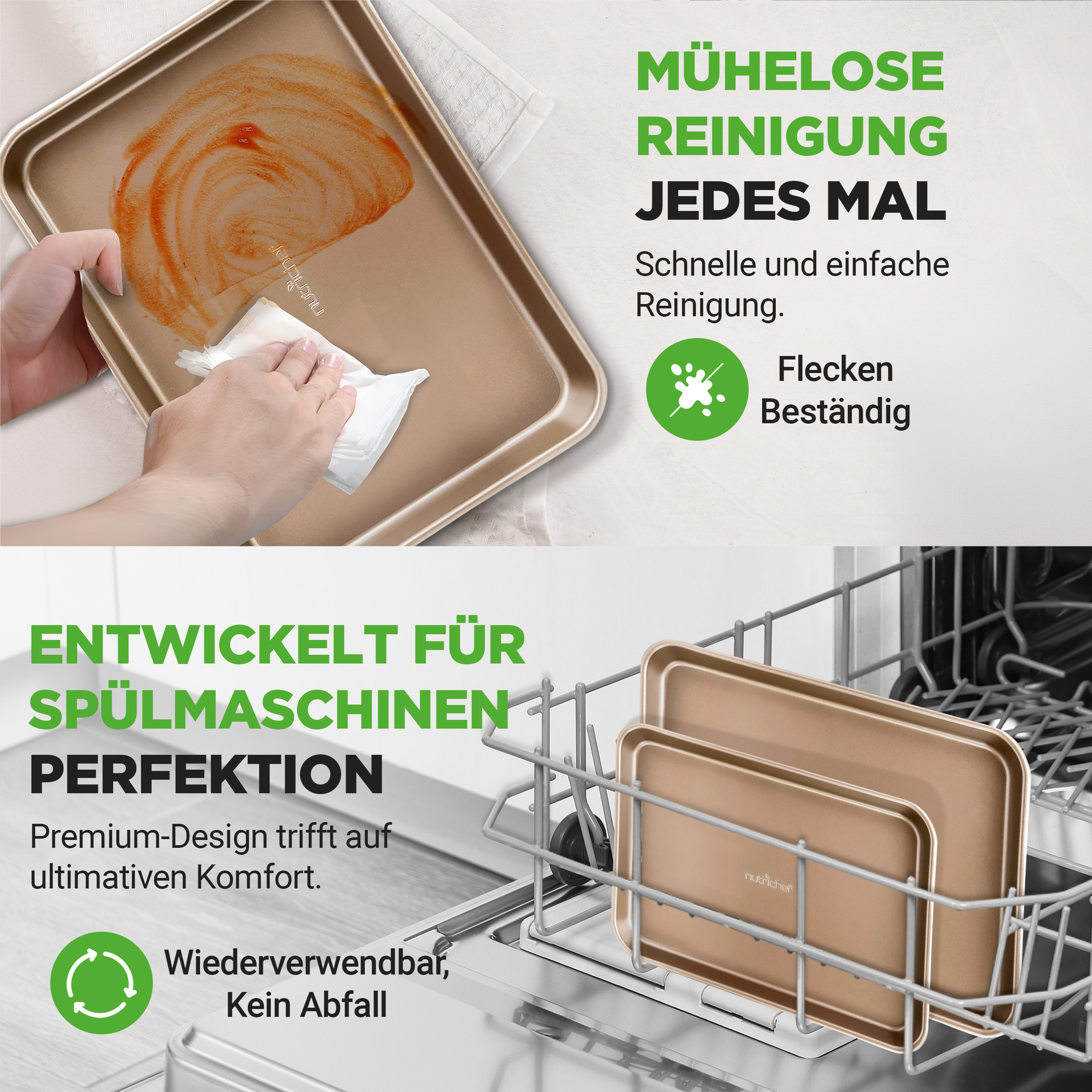 Backbleche werden gereinigt und in einer Spülmaschine platziert.