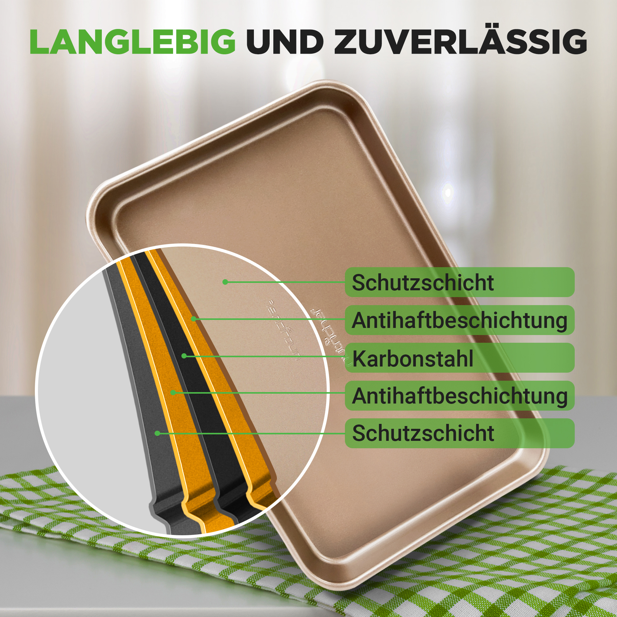 Eine goldbraune Backform mit Schichtdetail-Nahaufnahme. "Langlebig und Zuverlässig".