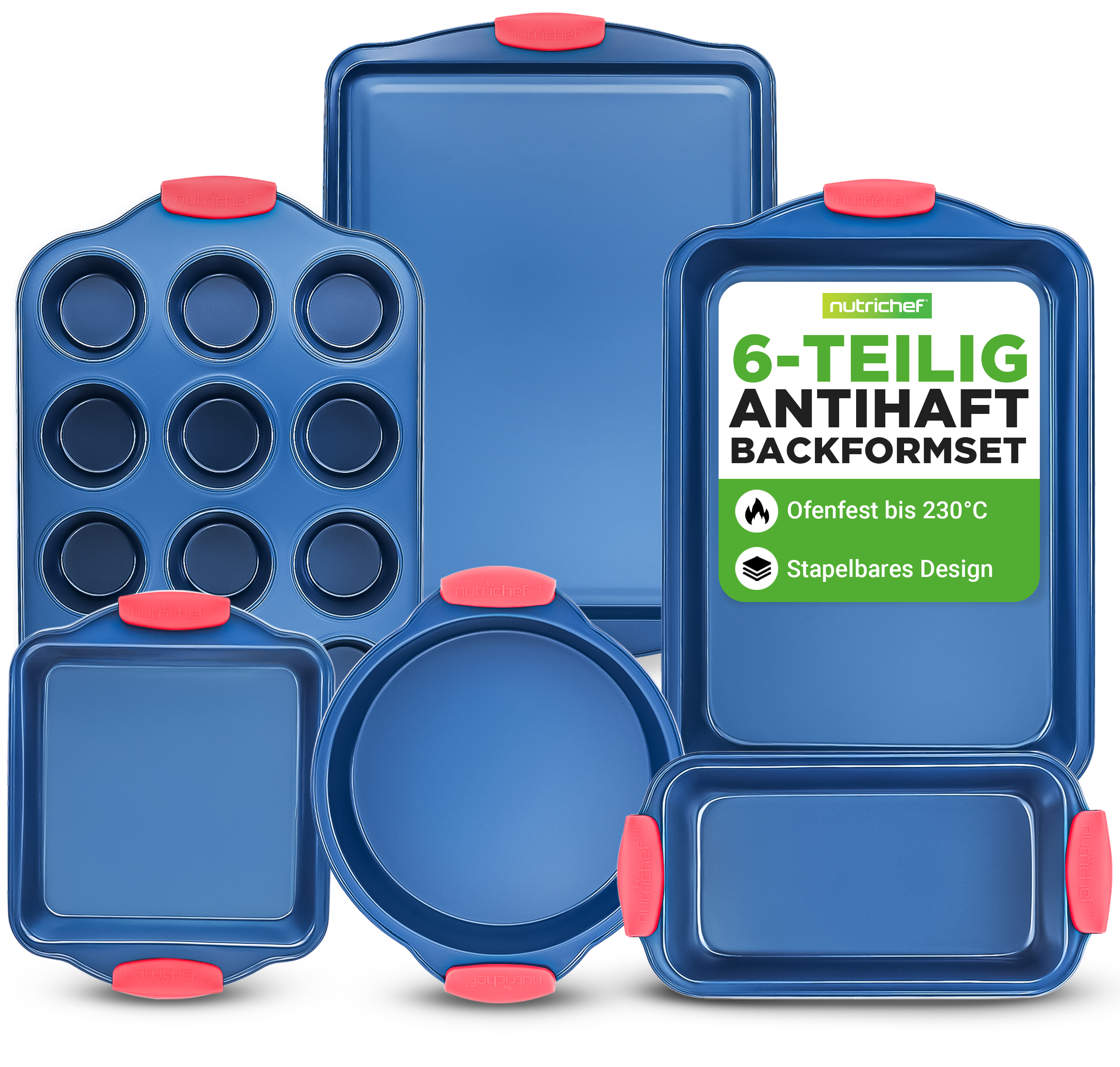 Sechs blaue Backformen mit roten Griffen, stapelbar. Aufdruck: 6-teilig Antihaft Backformset.