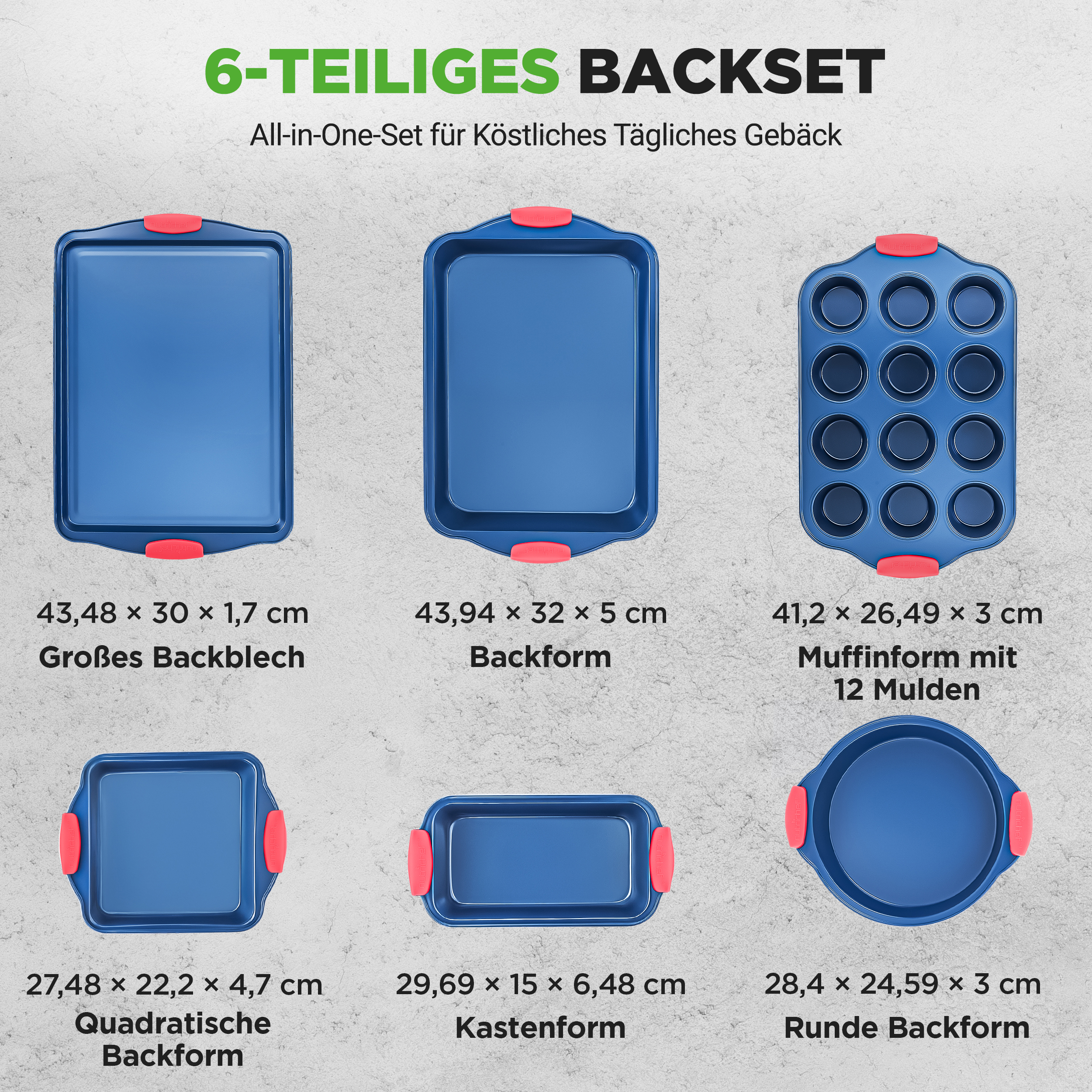Sechs blaue Backformen mit roten Griffen: groß, rechteckig, Muffinform, quadratisch, Kastenform, rund.