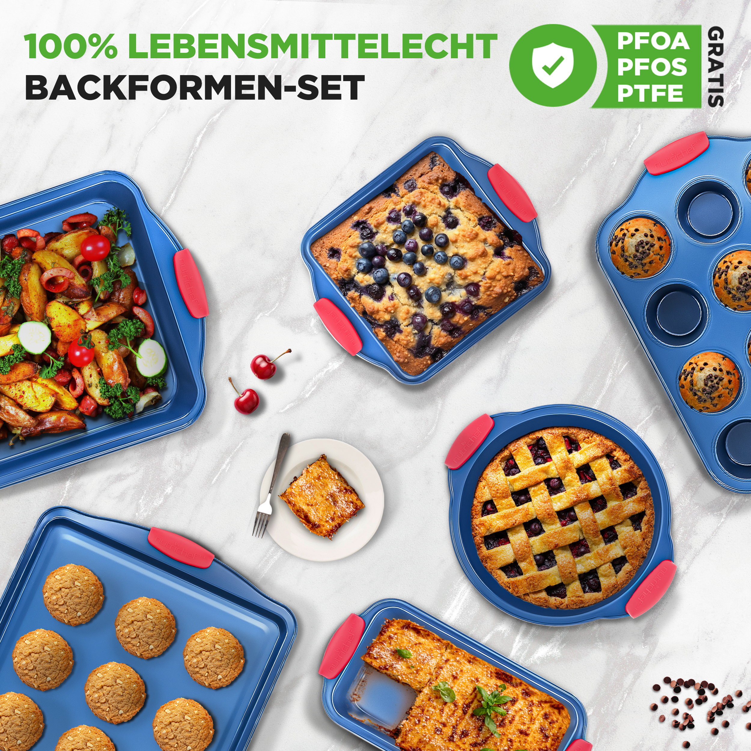 Backformen-Set mit Blaubeerkuchen, Brownies, Keksen und Auflauf.