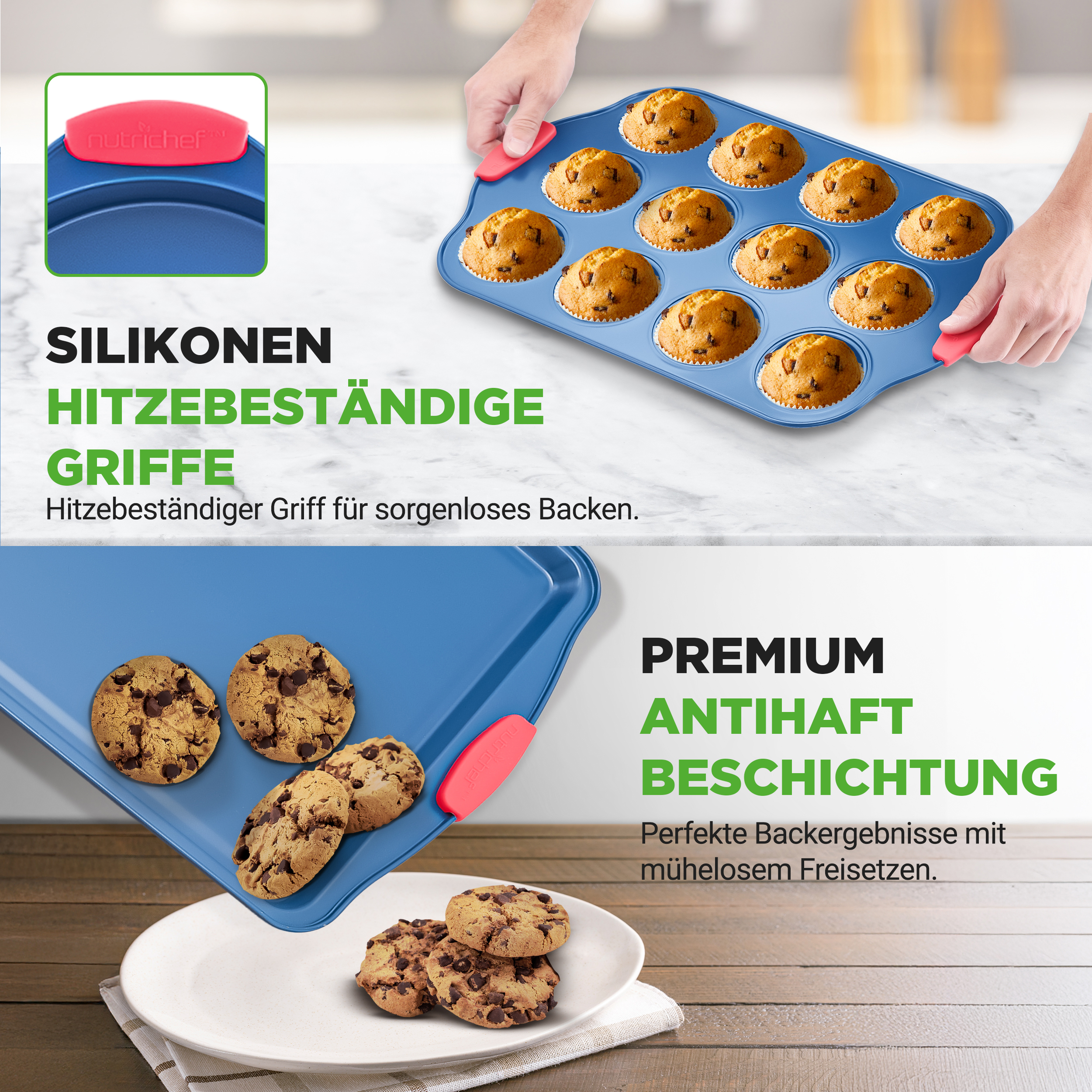 Blaue Muffinform mit gebackenen Muffins und Keksen.