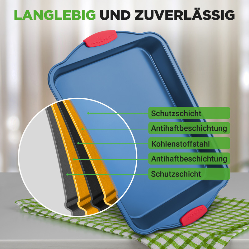 Blauer Backblech mit Schichtdiagramm und rotem Griff.