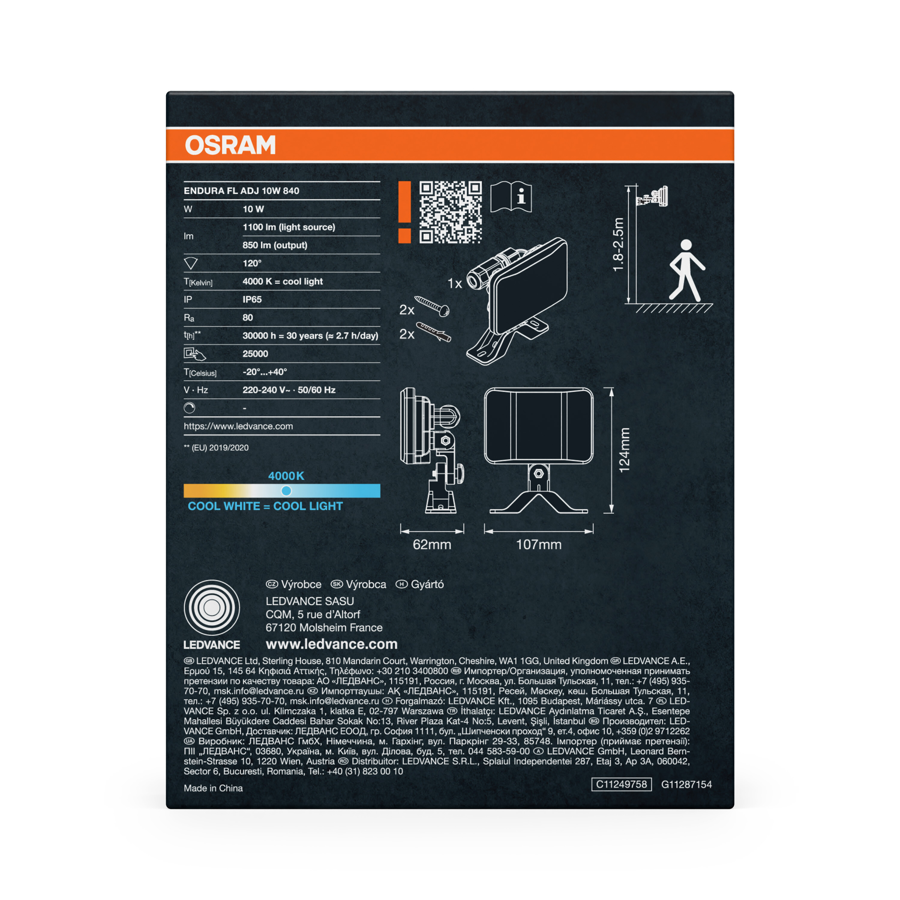 OSRAM Endura Fl Adj 10W 840 Leuchte mit technischen Daten und Abmessungen.