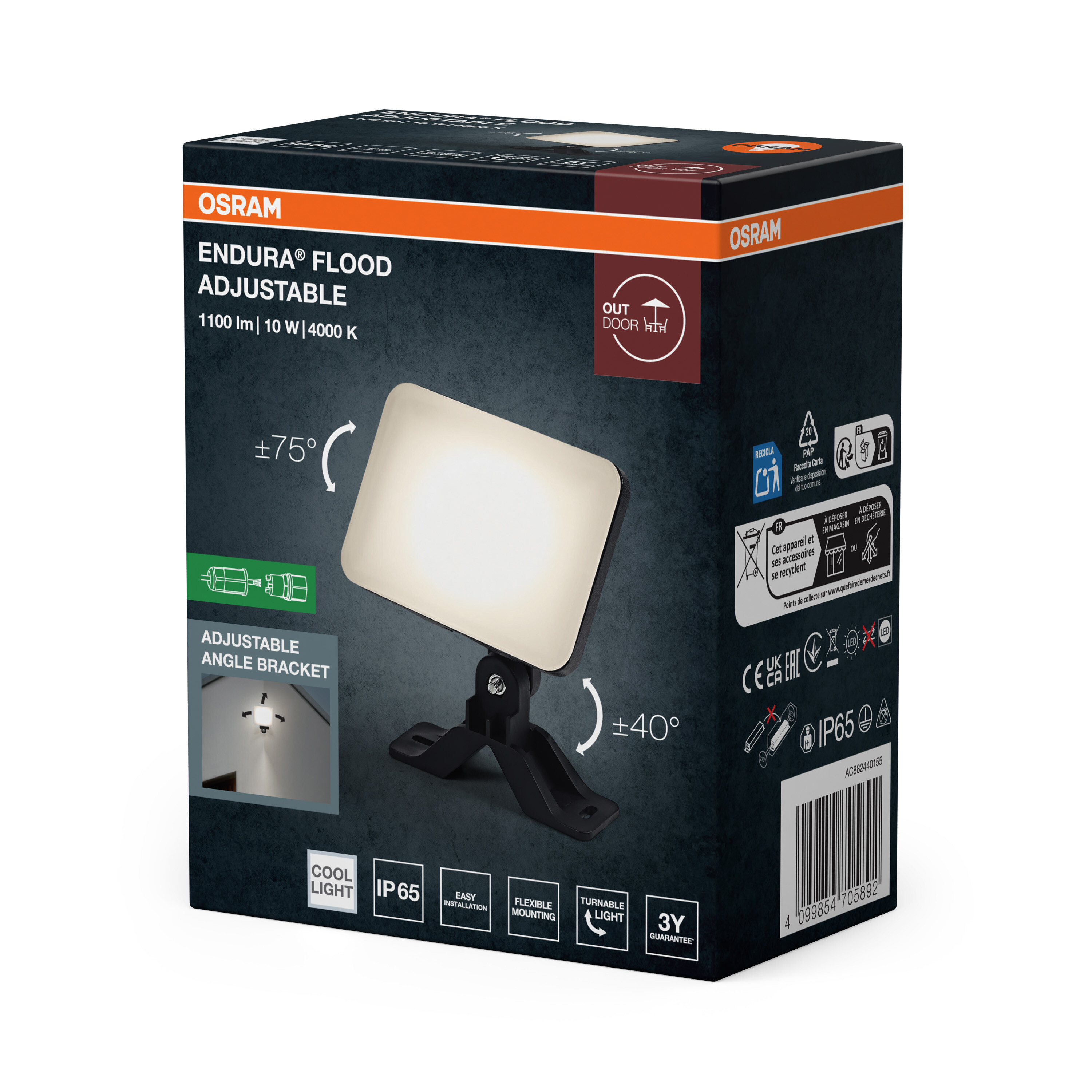 Verpackung für Osram Endura Flood verstellbare Leuchte, 1100lm, 10W, 4000K.