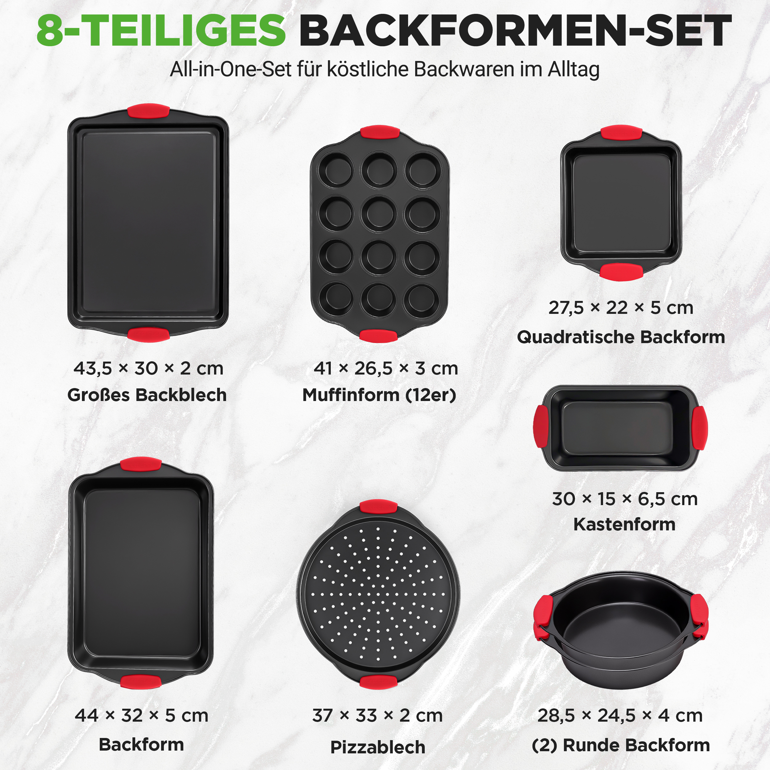 8-teiliges Backformen-Set mit roten Griffen, verschiedene Formen.