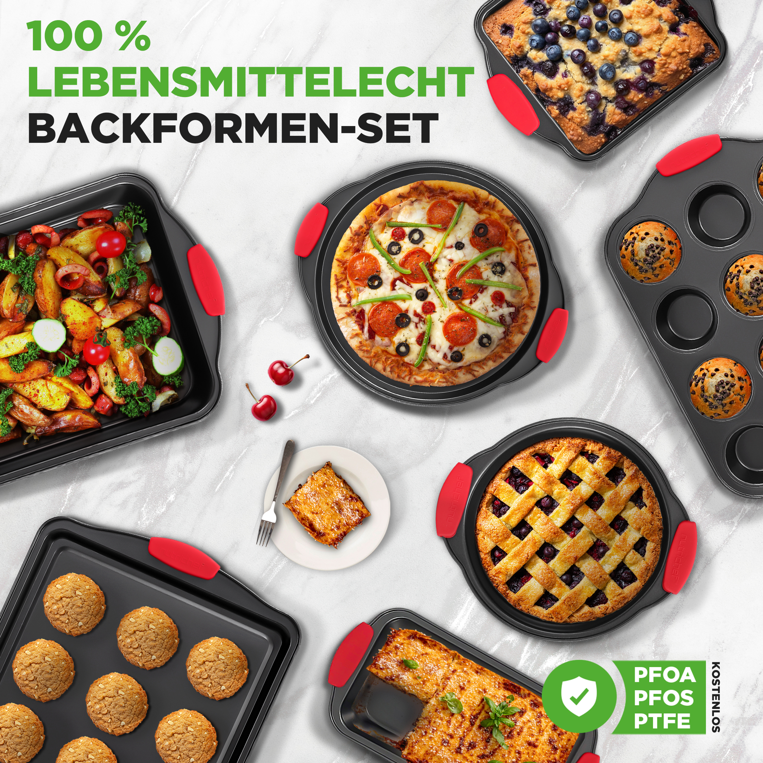 Backformen mit verschiedenen Speisen: Kuchen, Pizza, Muffins, Kekse, Auflauf, Auflauf und Ofengemüse.