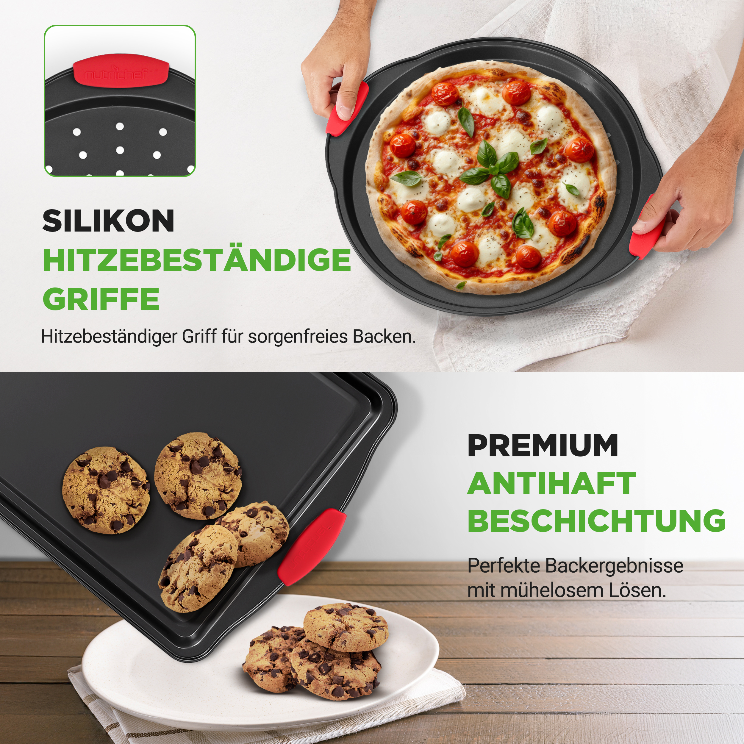 Eine Pizza und Kekse auf Backformen mit roten Silikongriffen.