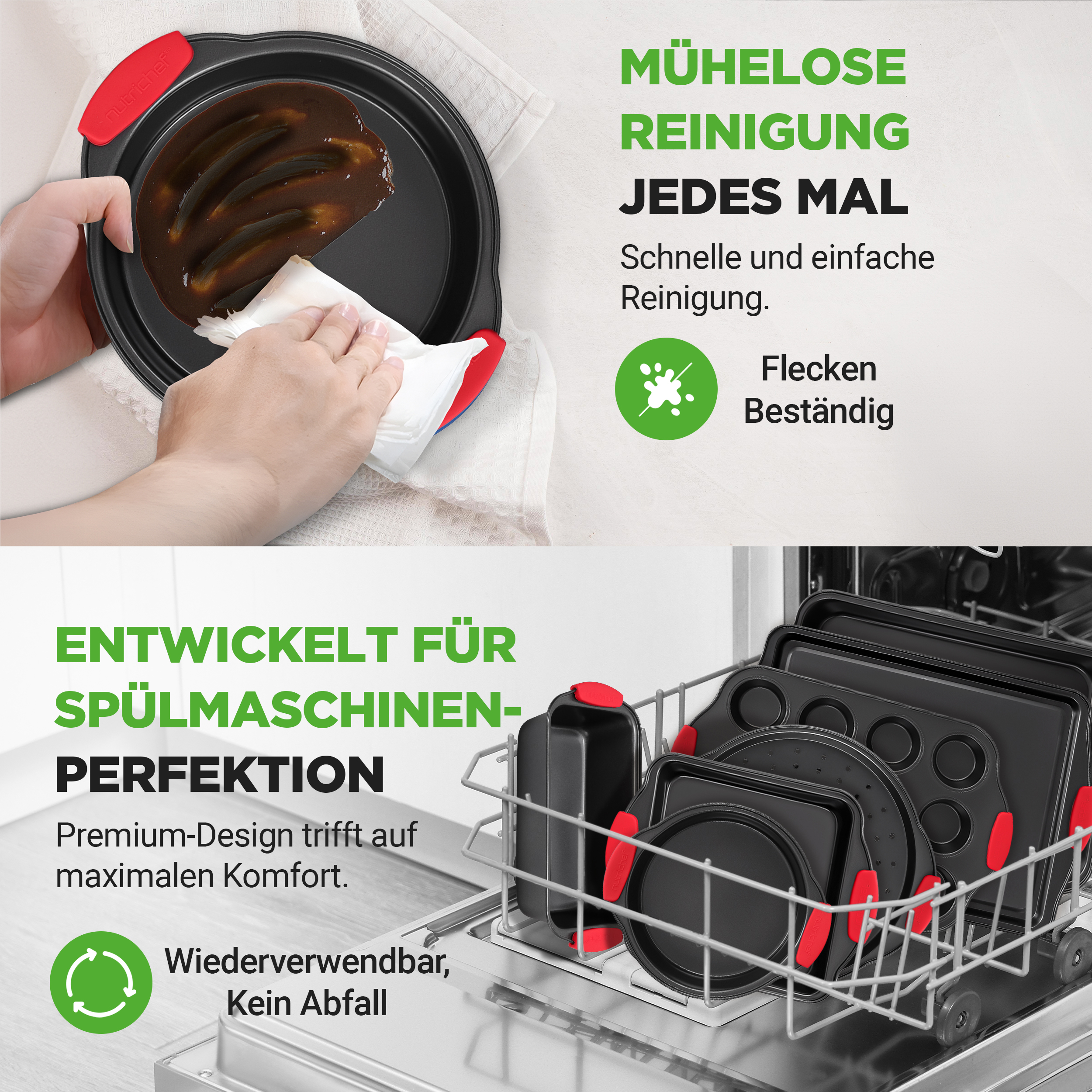 Eine Hand reinigt eine Pfanne, während Backformen in einem Geschirrspüler stehen.