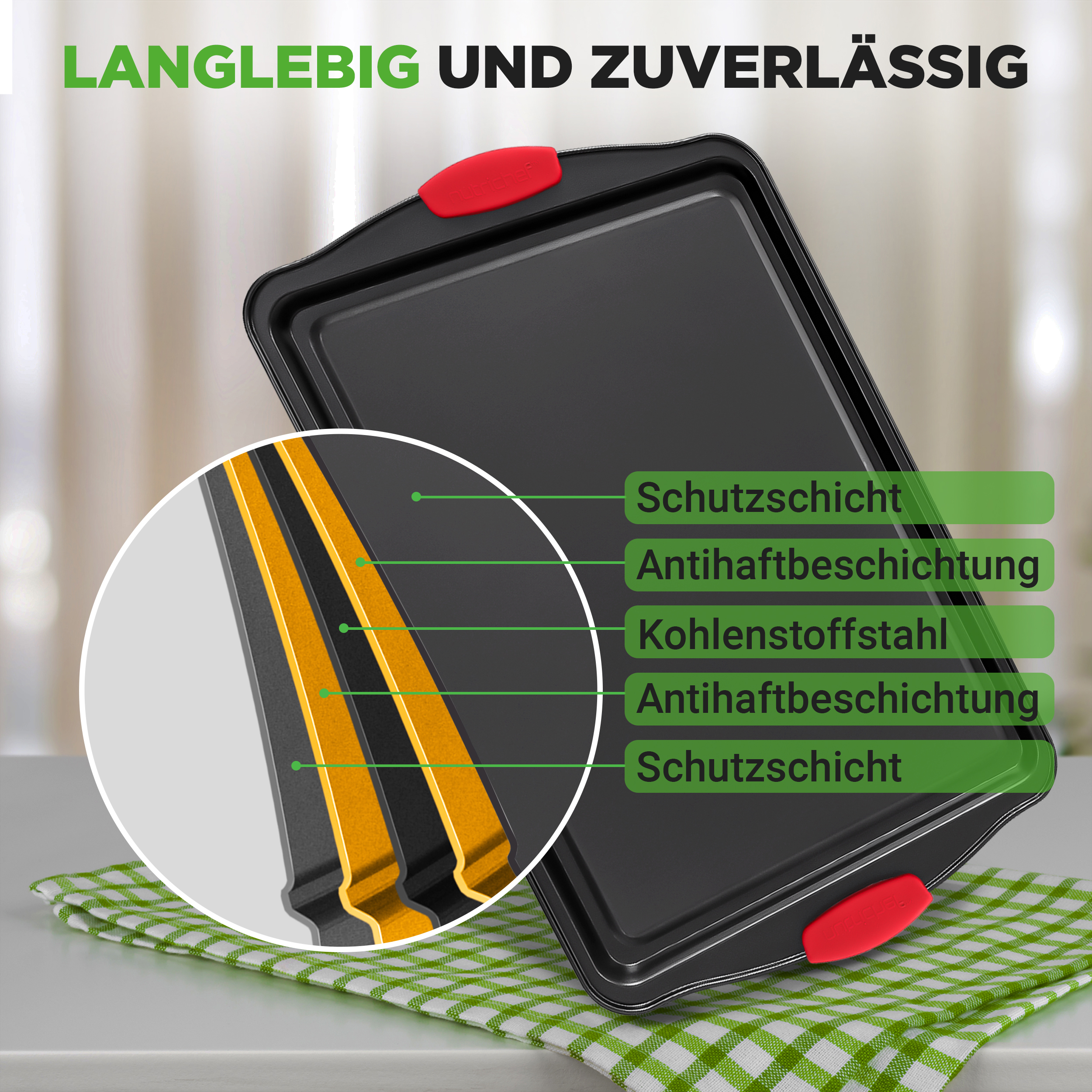 Eine Backform mit roten Griffen und einer Nahaufnahme ihrer Schichten.