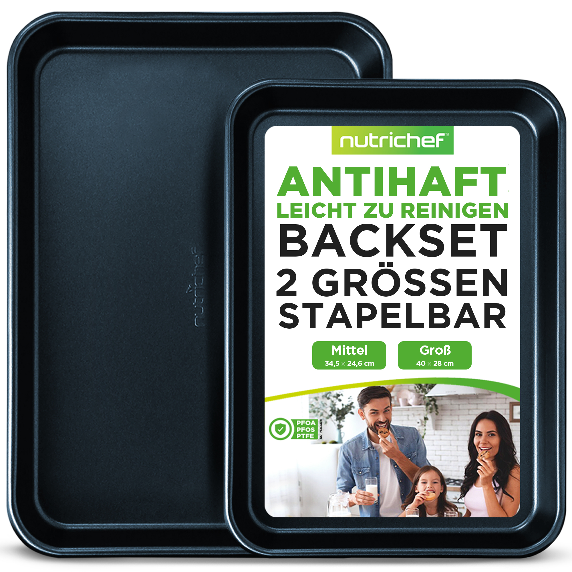 Zwei schwarze Backformen, eine vorne, eine hinten. Beschriftung: Nutrichef Antihaft Backset.