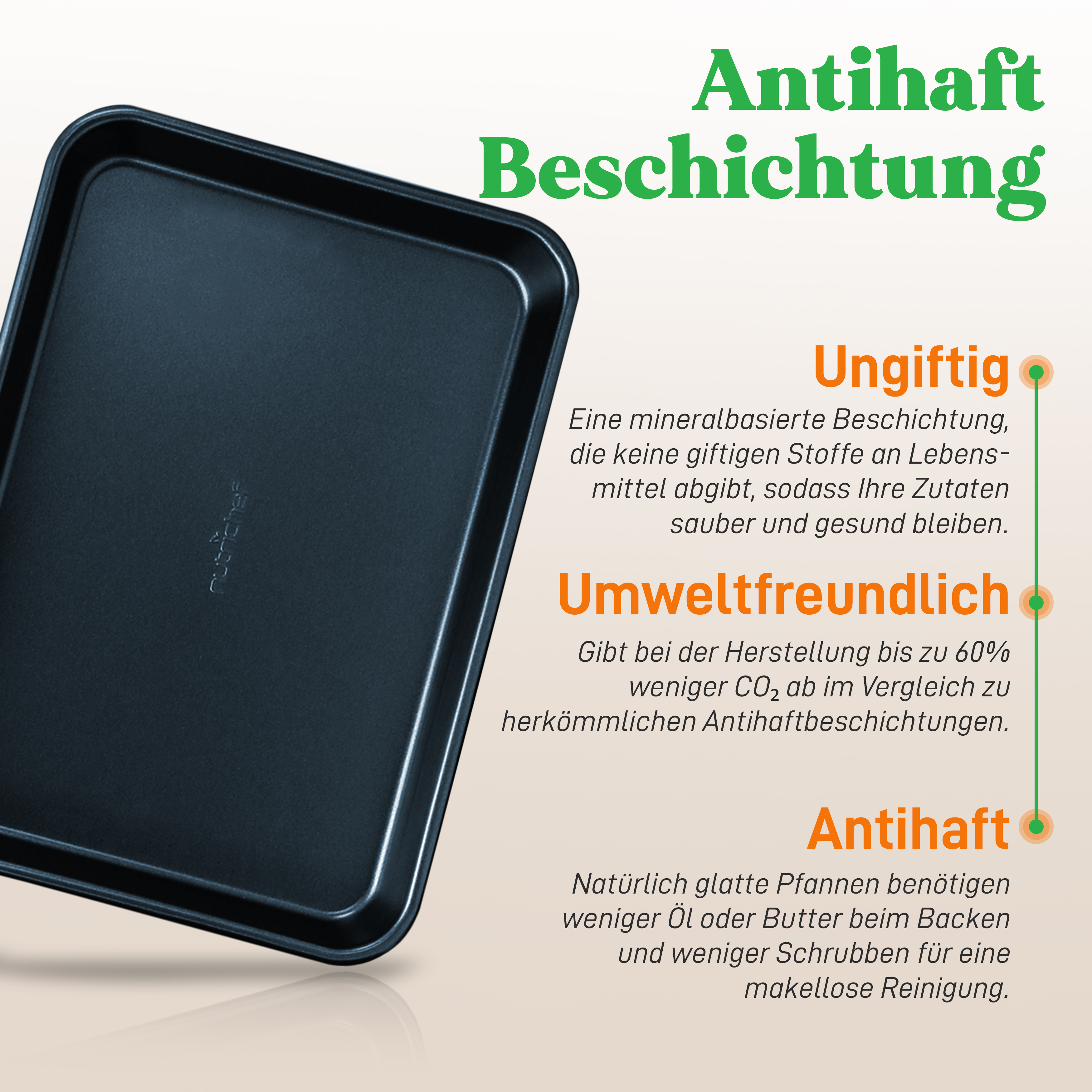 Eine schwarze Backform mit Text über ungiftige, umweltfreundliche Antihaftbeschichtung.